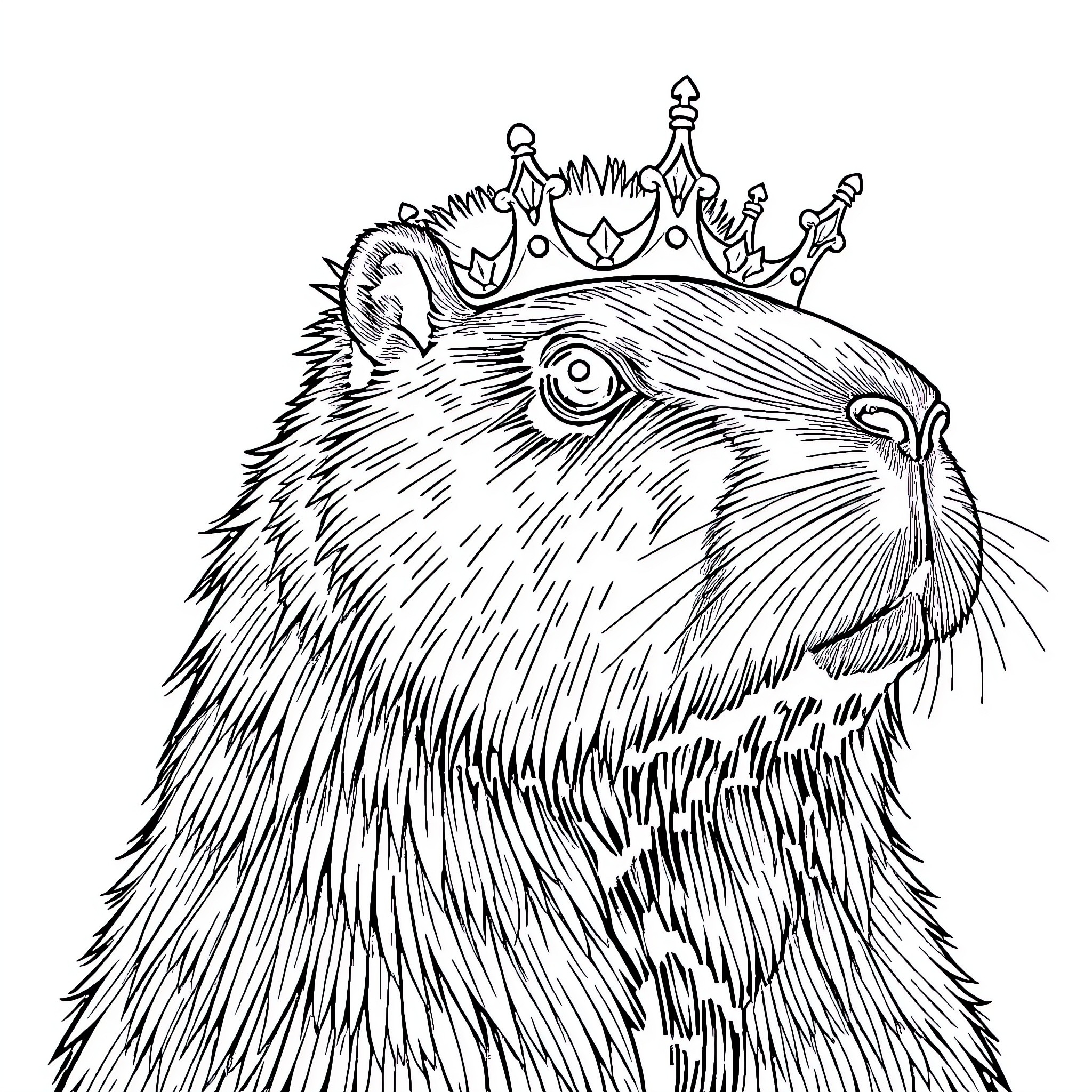 Capybara wearing a crown in close-up view Coloring Page (free black-and-white line drawing printable PDF for all, from beginners to advanced learners, including children, teens, adults, and seniors)