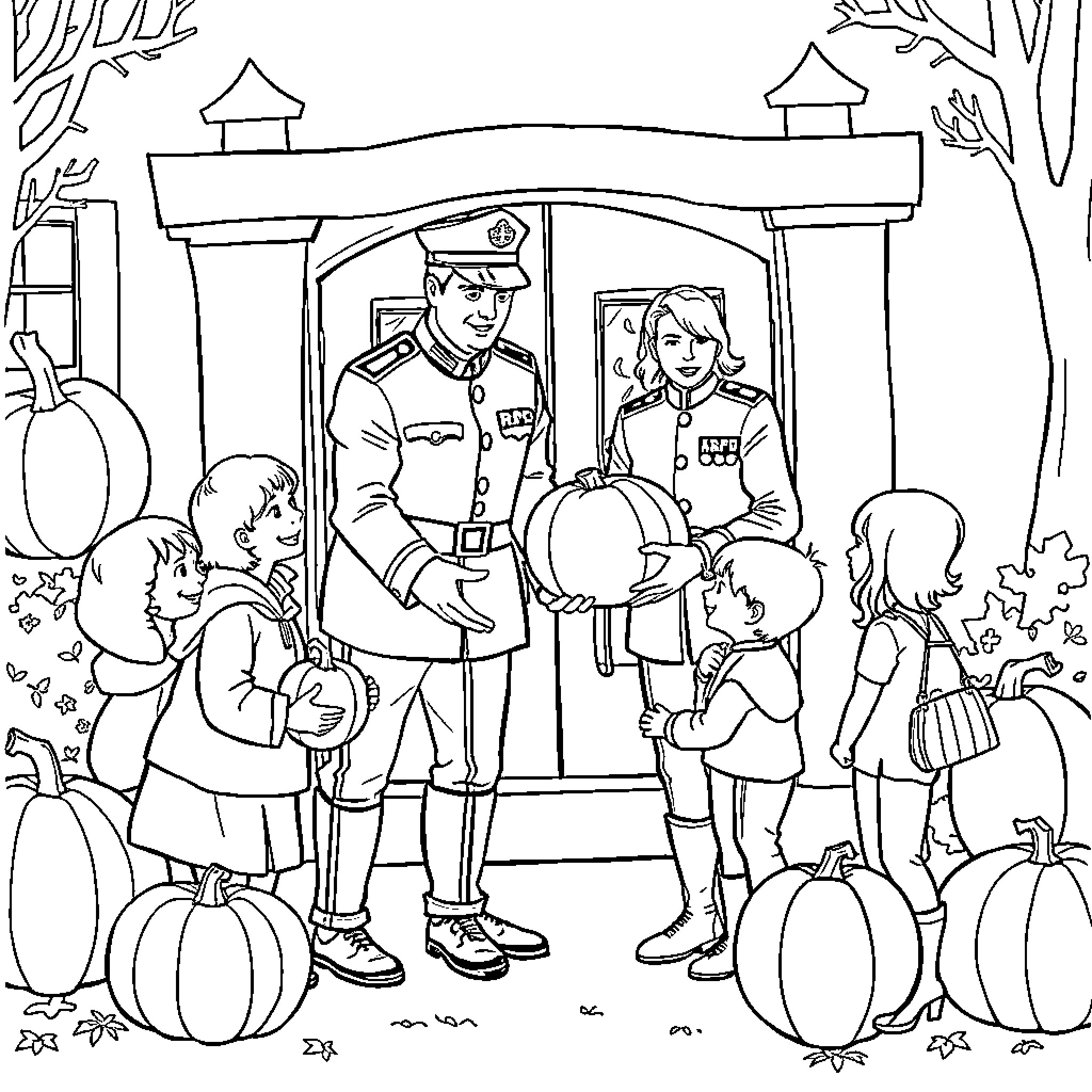 RCMP Officers Interacting with Community at Fall Festival Coloring Page (free black-and-white line drawing printable PDF for all, from beginners to advanced learners, including children, teens, adults, and seniors)
