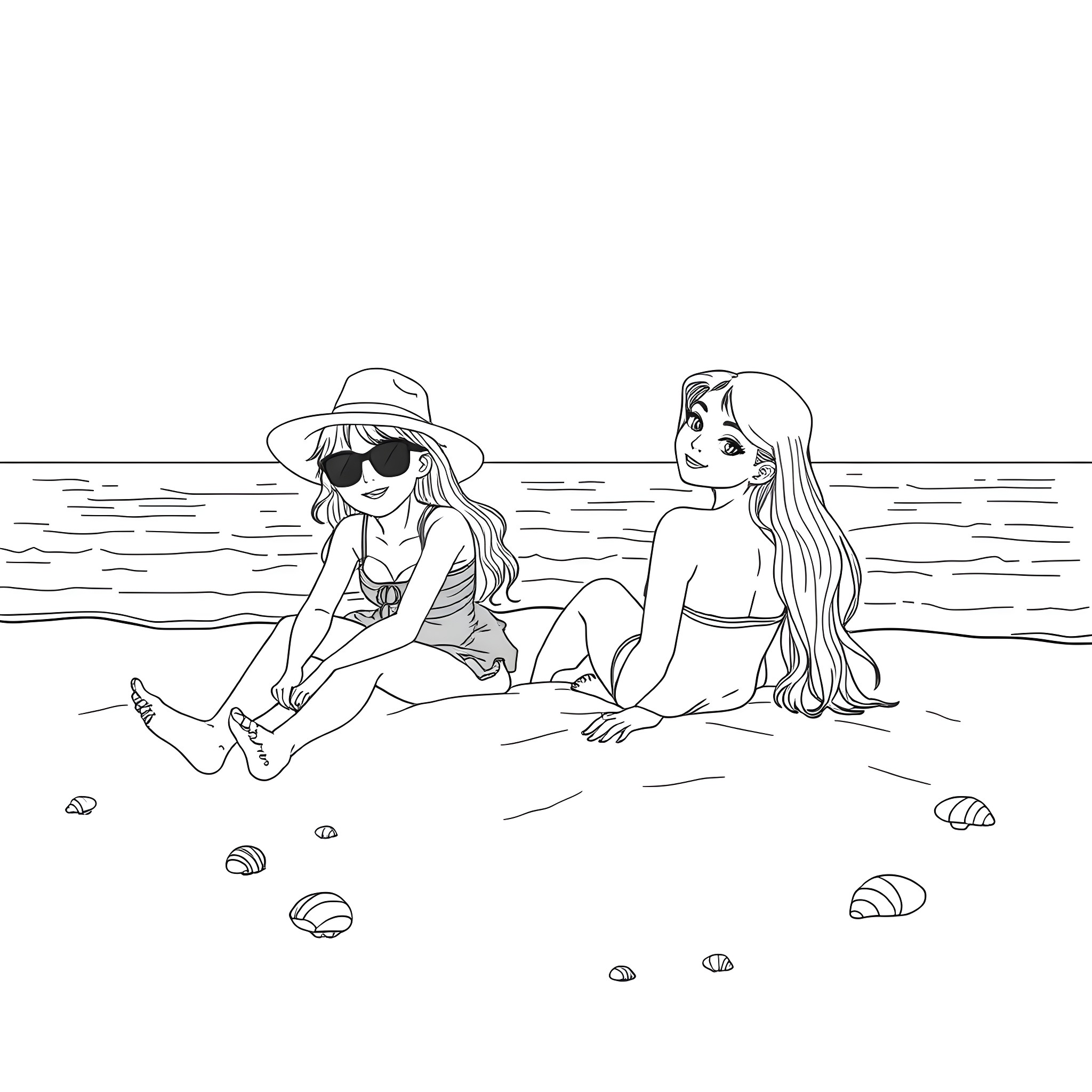 Girls relaxing on the beach Coloring Page (free black-and-white line drawing printable PDF for all, from beginners to advanced learners, including children, teens, adults, and seniors)