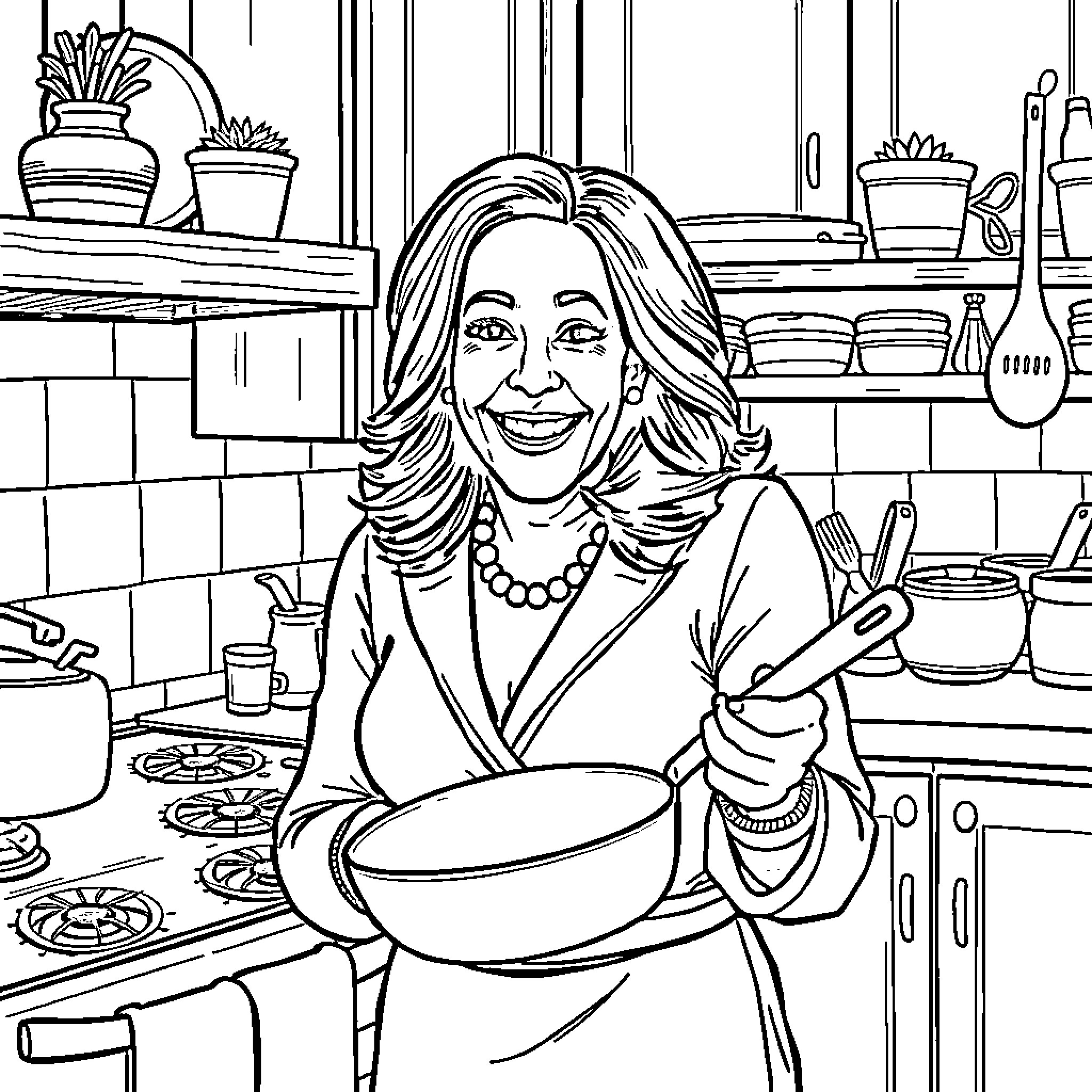 Kamala Harris in a Warm and Welcoming Kitchen Setting Coloring Page (free black-and-white line drawing printable PDF for all, from beginners to advanced learners, including children, teens, adults, and seniors)
