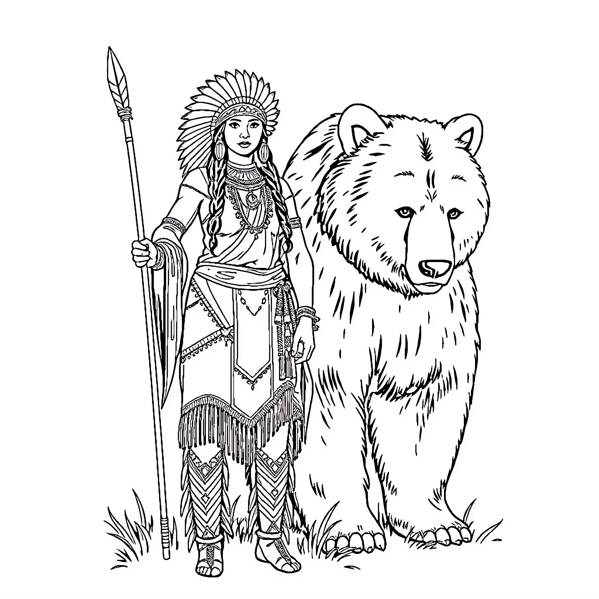 Native American Woman Stands Confidently with Mighty Bear Coloring Page (free black-and-white line drawing printable PDF for all, from beginners to advanced learners, including children, teens, adults, and seniors)