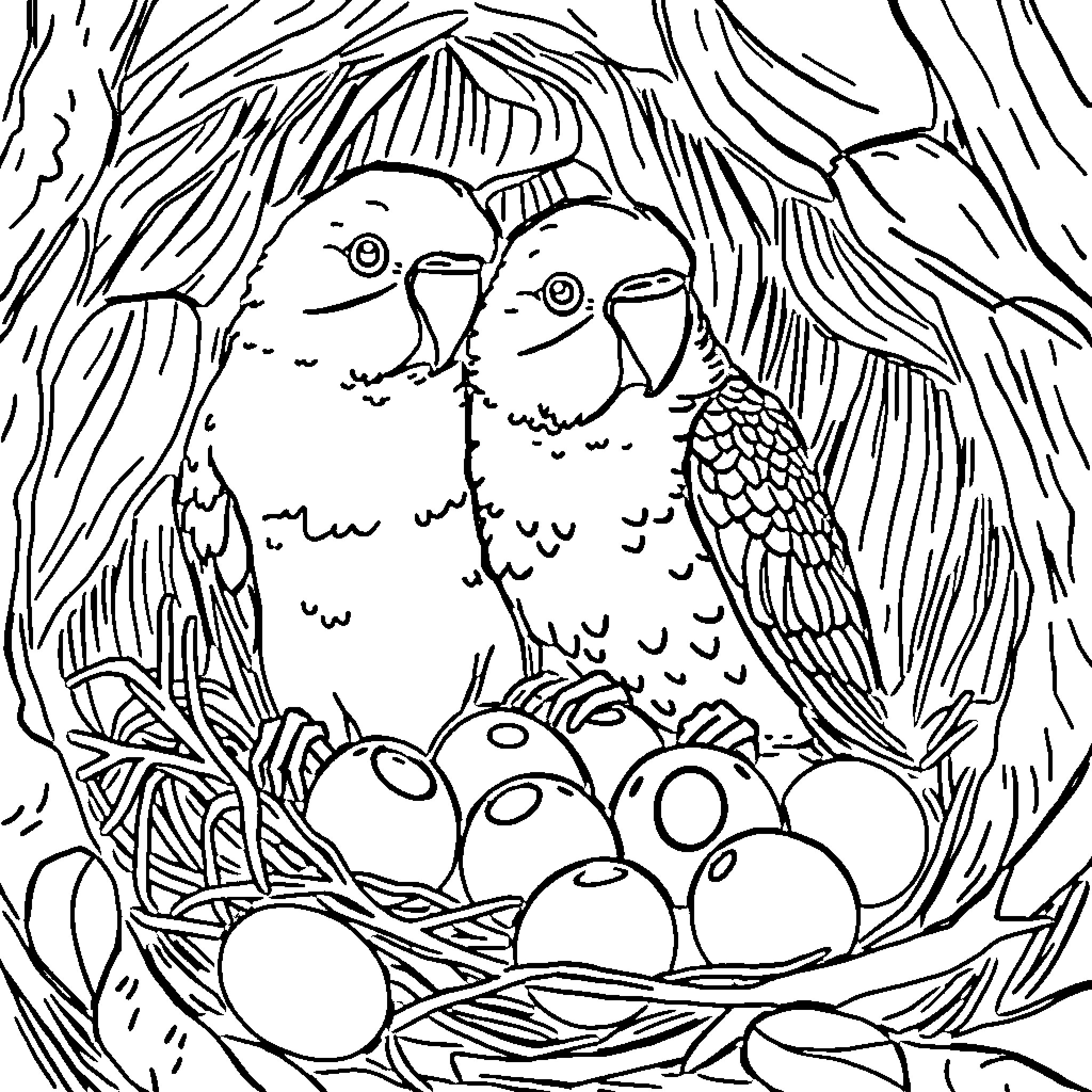 Parakeet nest with colorful eggs Coloring Page (free black-and-white line drawing printable PDF for all, from beginners to advanced learners, including children, teens, adults, and seniors)