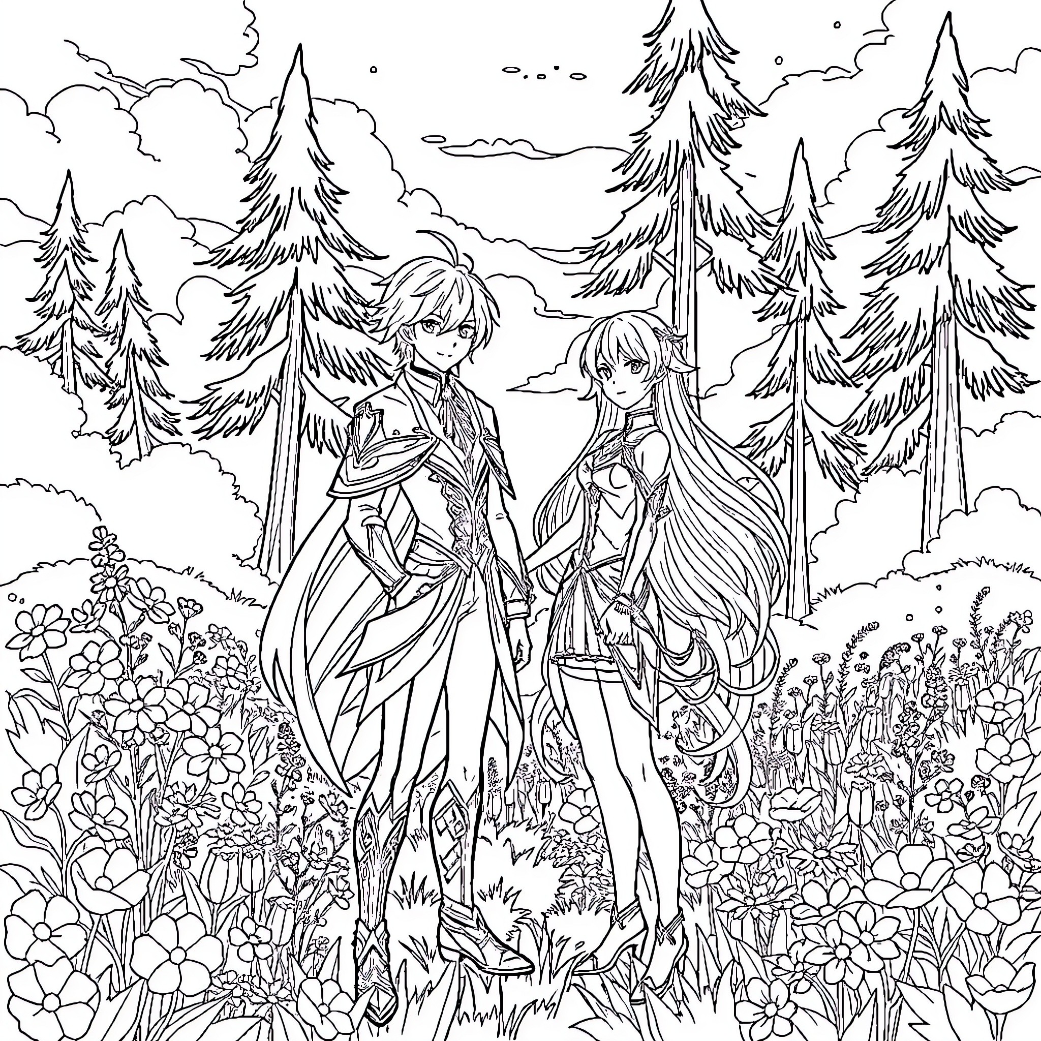 Lumine's Enchanted Forest Adventure Coloring Page (free black-and-white line drawing printable PDF for all, from beginners to advanced learners, including children, teens, adults, and seniors)