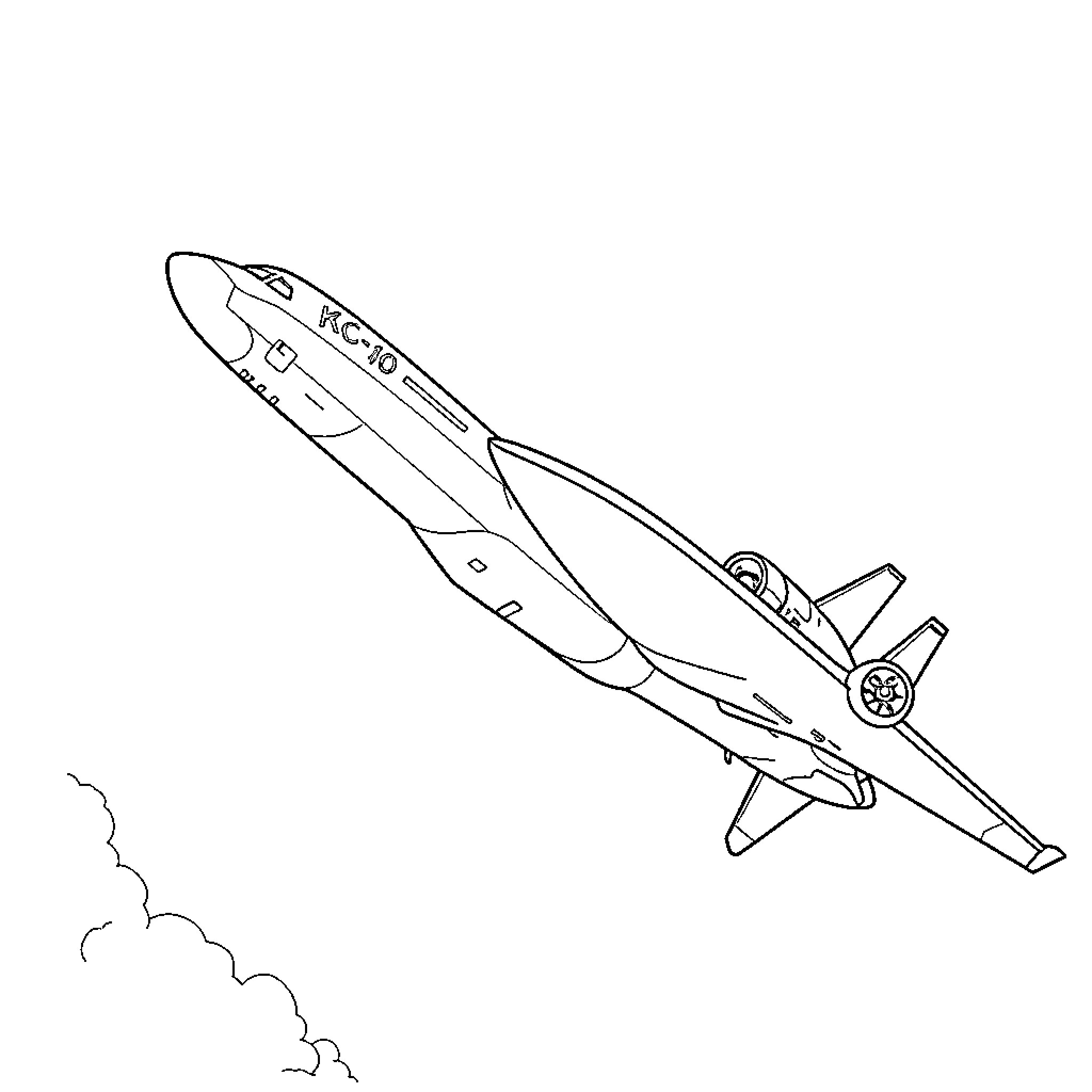 KC10 Aircraft Taking Off Coloring Page (free black-and-white line drawing printable PDF for all, from beginners to advanced learners, including children, teens, adults, and seniors)