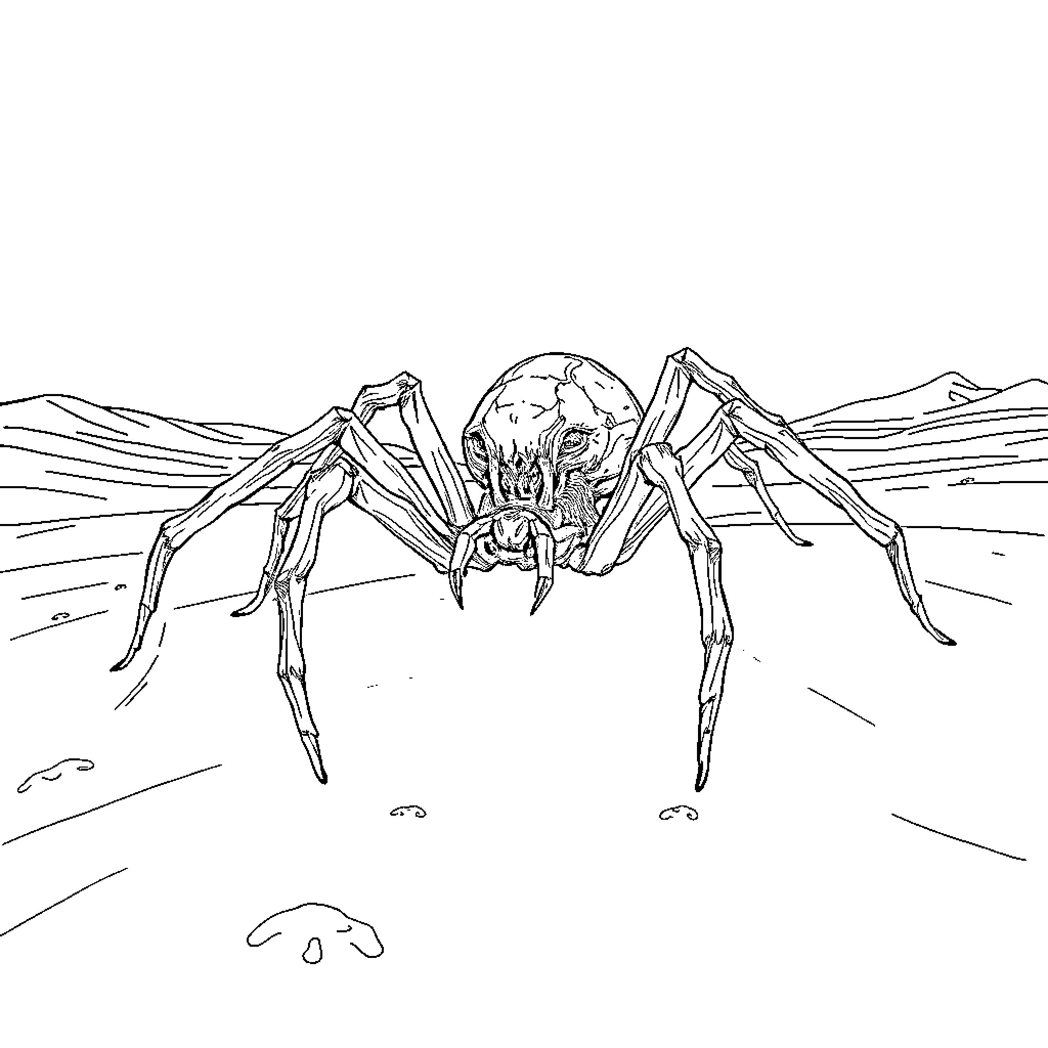 Spider crawling across a desert landscape Coloring Page (free black-and-white line drawing printable PDF for all, from beginners to advanced learners, including children, teens, adults, and seniors)