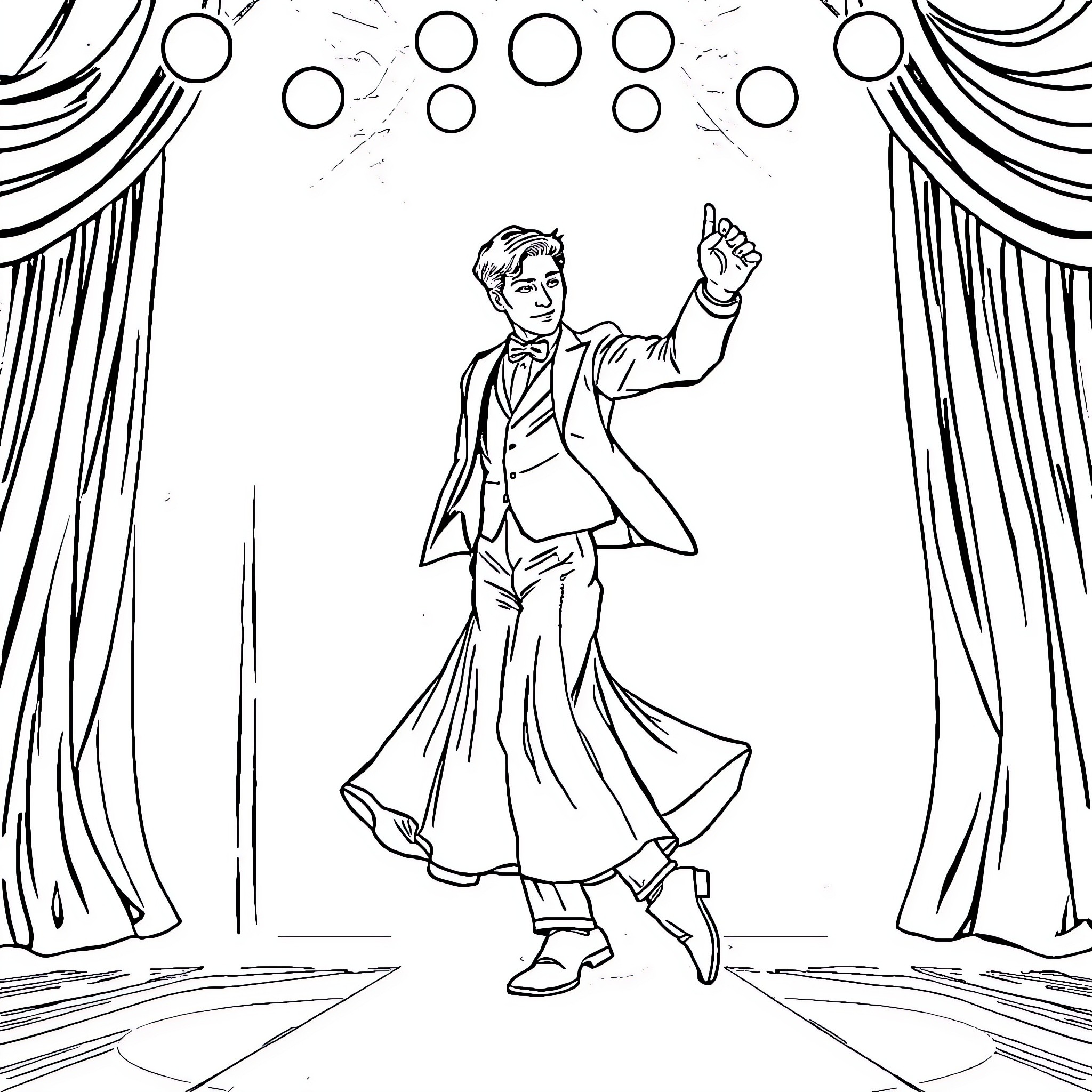 Leon performing on stage with dramatic flair Coloring Page (free black-and-white line drawing printable PDF for all, from beginners to advanced learners, including children, teens, adults, and seniors)