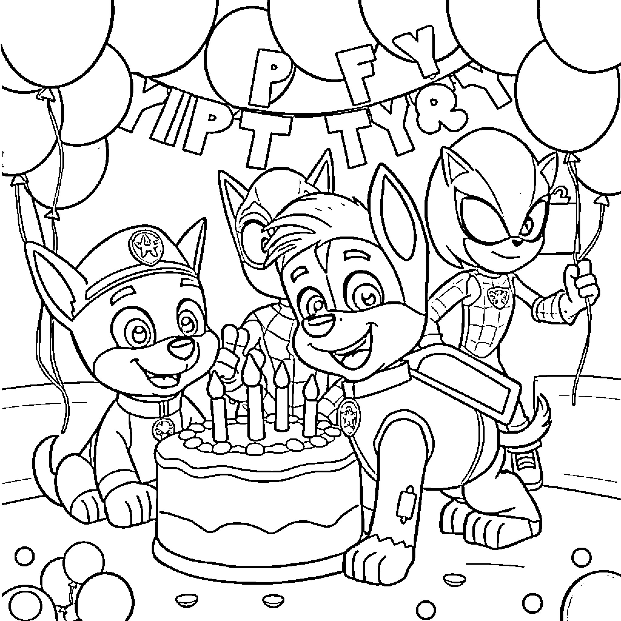 Chase Happy Birthday Party with Puppy Pals Coloring Page (free black-and-white line drawing printable PDF for all, from beginners to advanced learners, including children, teens, adults, and seniors)