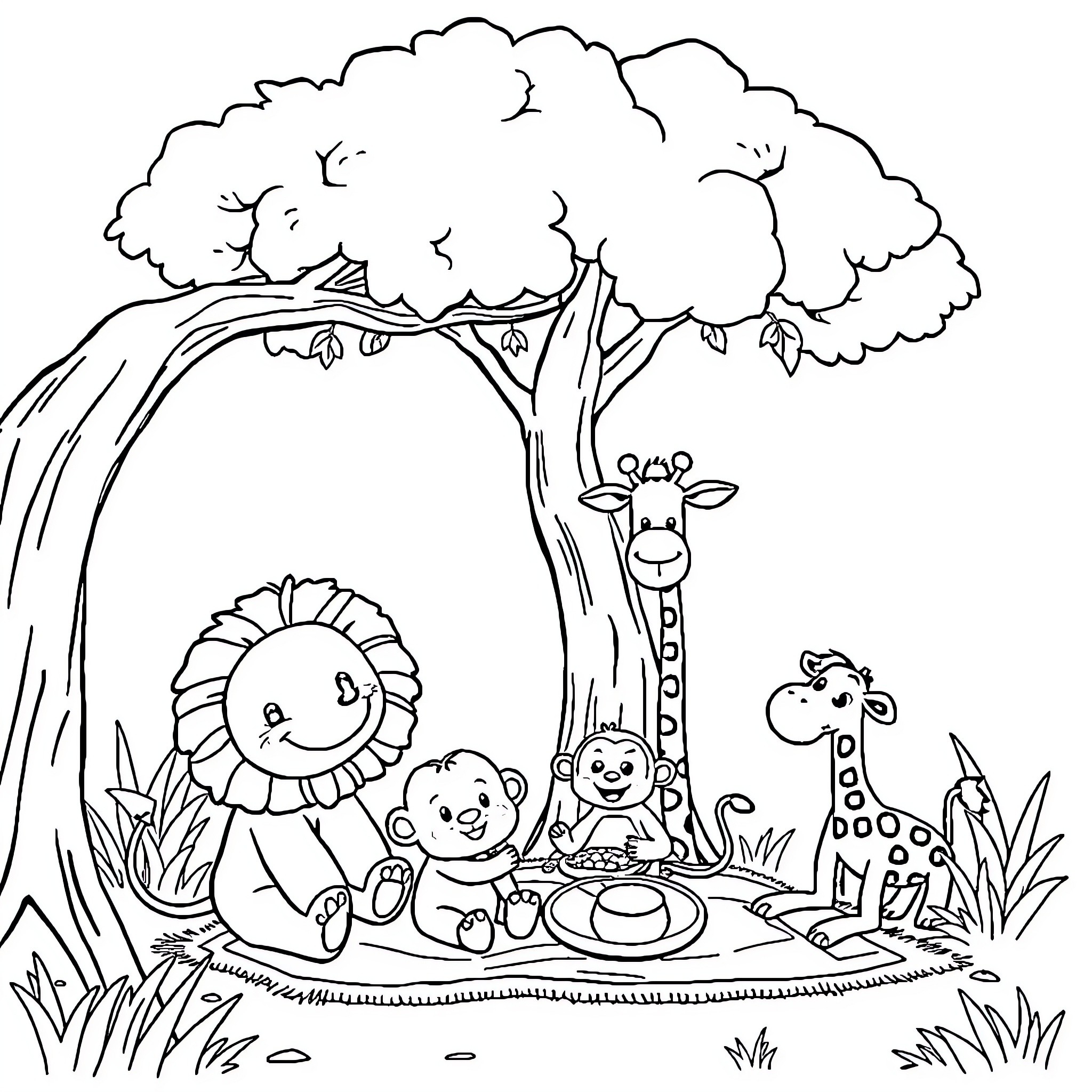Lion and friends explore enchanting forest landscape Coloring Page (free black-and-white line drawing printable PDF for all, from beginners to advanced learners, including children, teens, adults, and seniors)