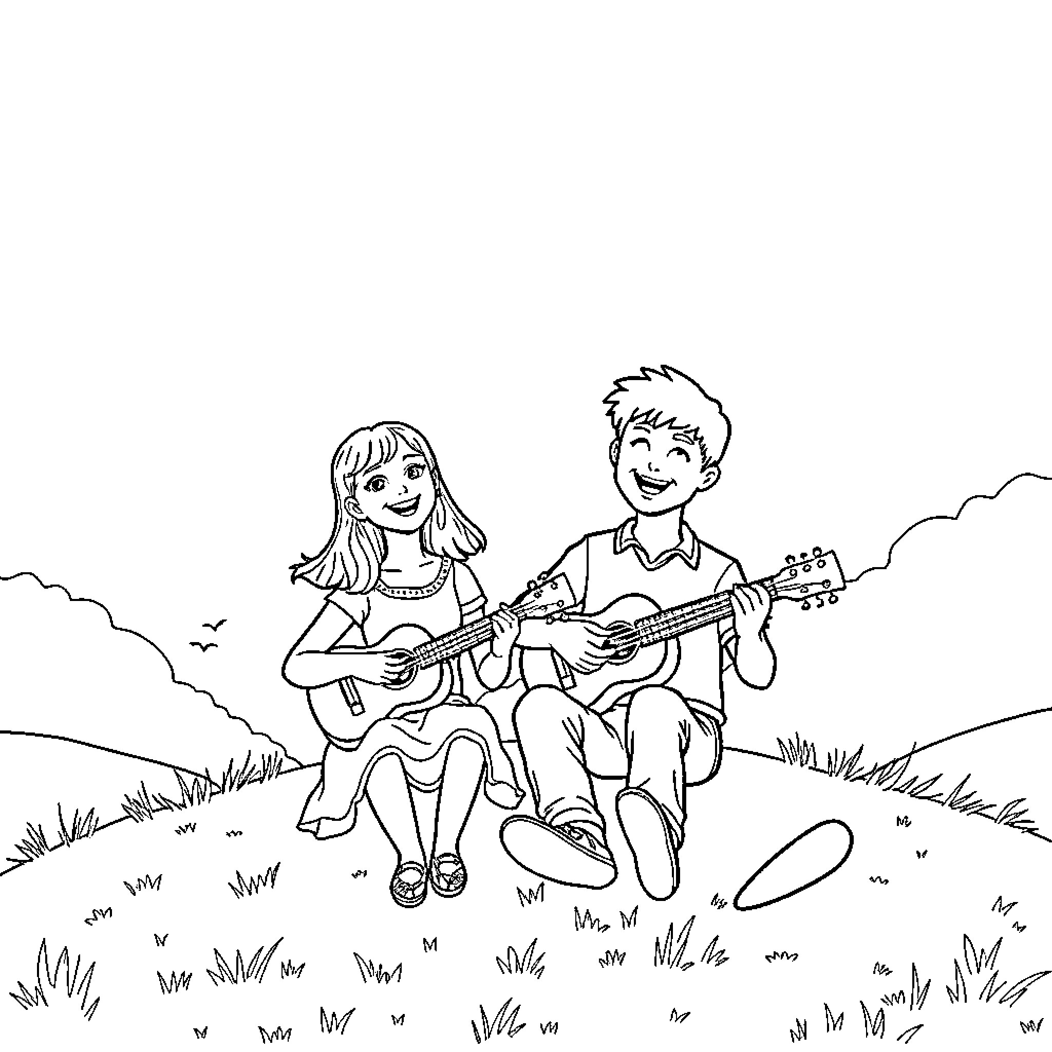 Heidi and the Boy playing Music in the Meadow Coloring Page (free black-and-white line drawing printable PDF for all, from beginners to advanced learners, including children, teens, adults, and seniors)
