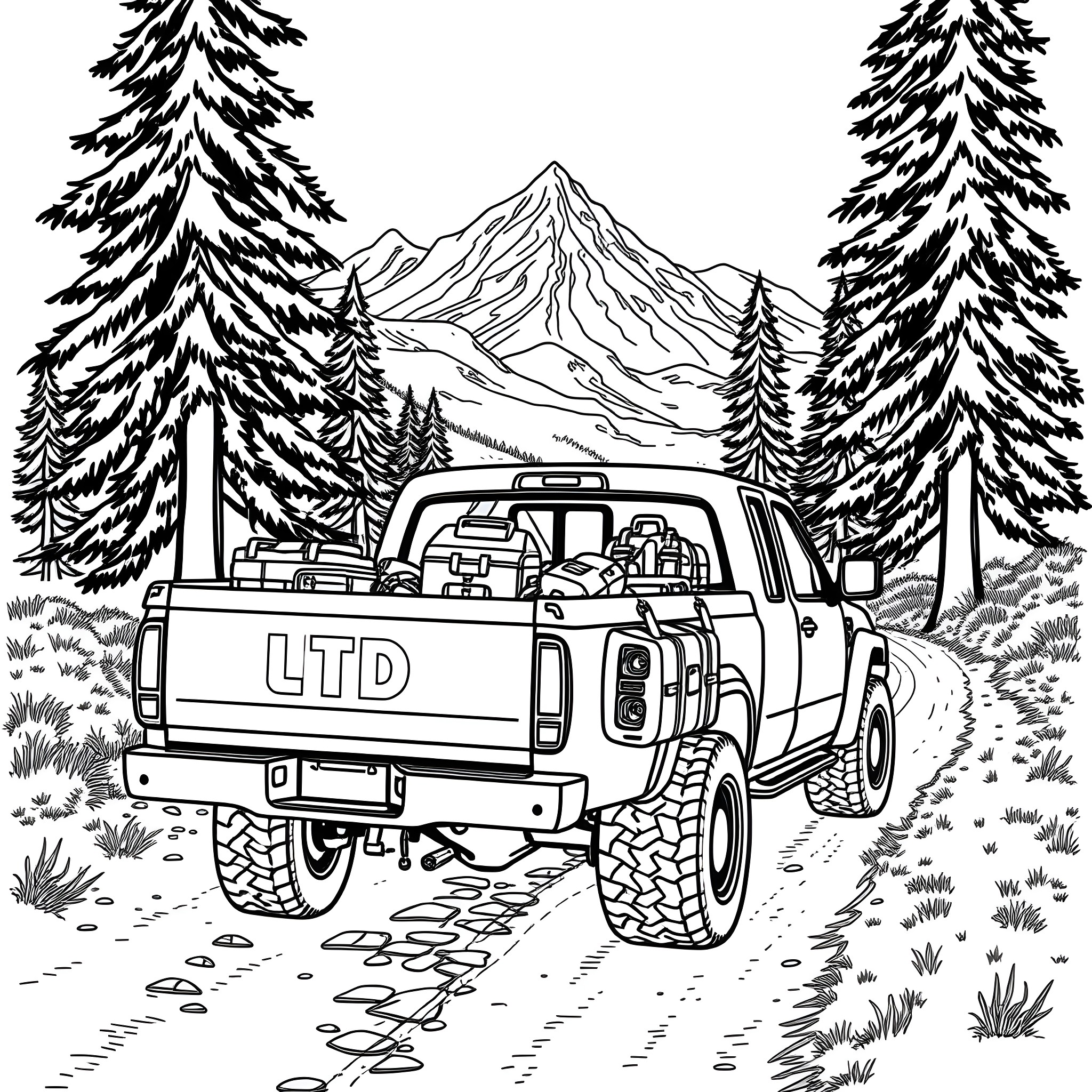 Pick Up Truck Traversing Snowy Mountain Landscape Coloring Page (free black-and-white line drawing printable PDF for all, from beginners to advanced learners, including children, teens, adults, and seniors)