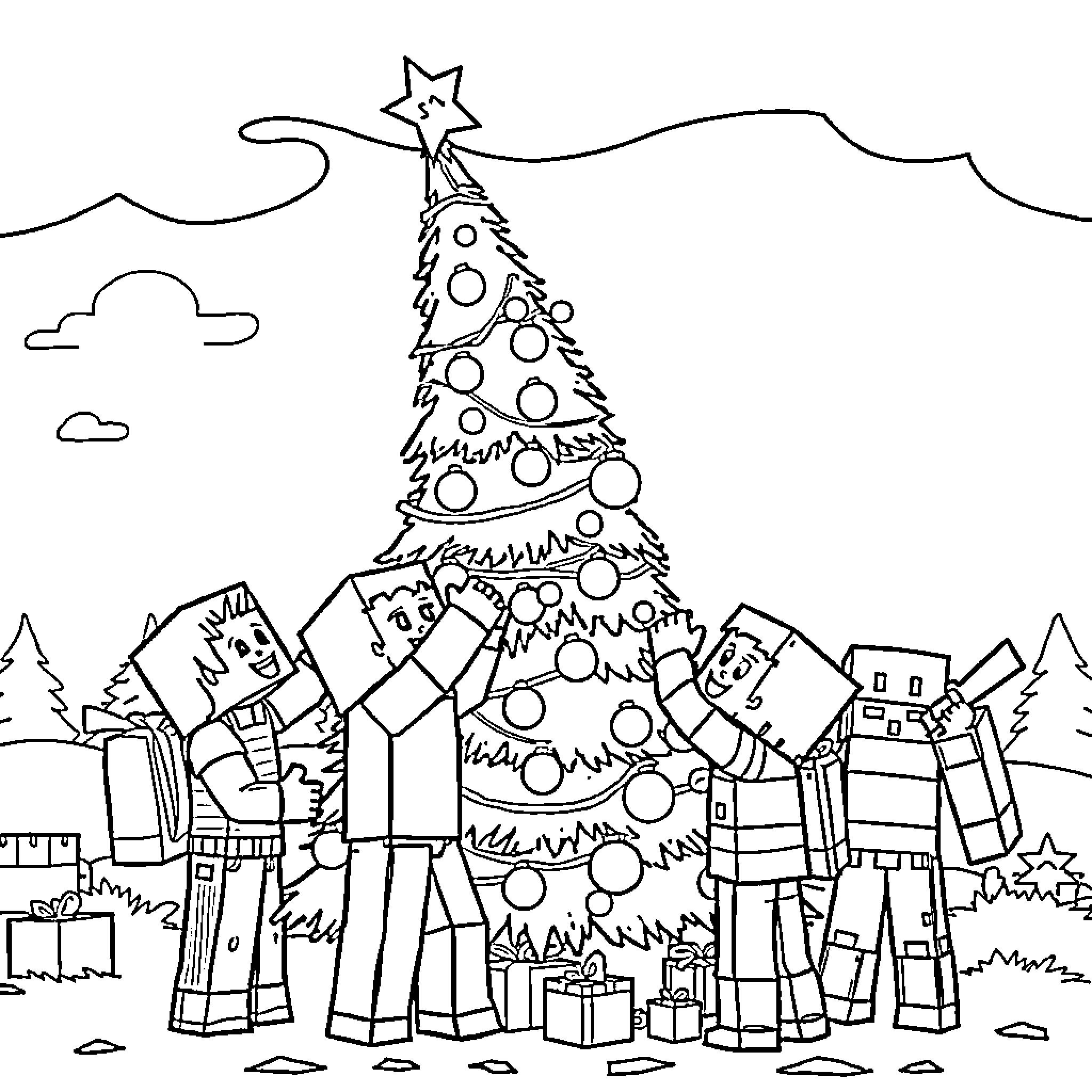 Minecraft Characters Celebrating Christmas Tree Coloring Page (free black-and-white line drawing printable PDF for all, from beginners to advanced learners, including children, teens, adults, and seniors)