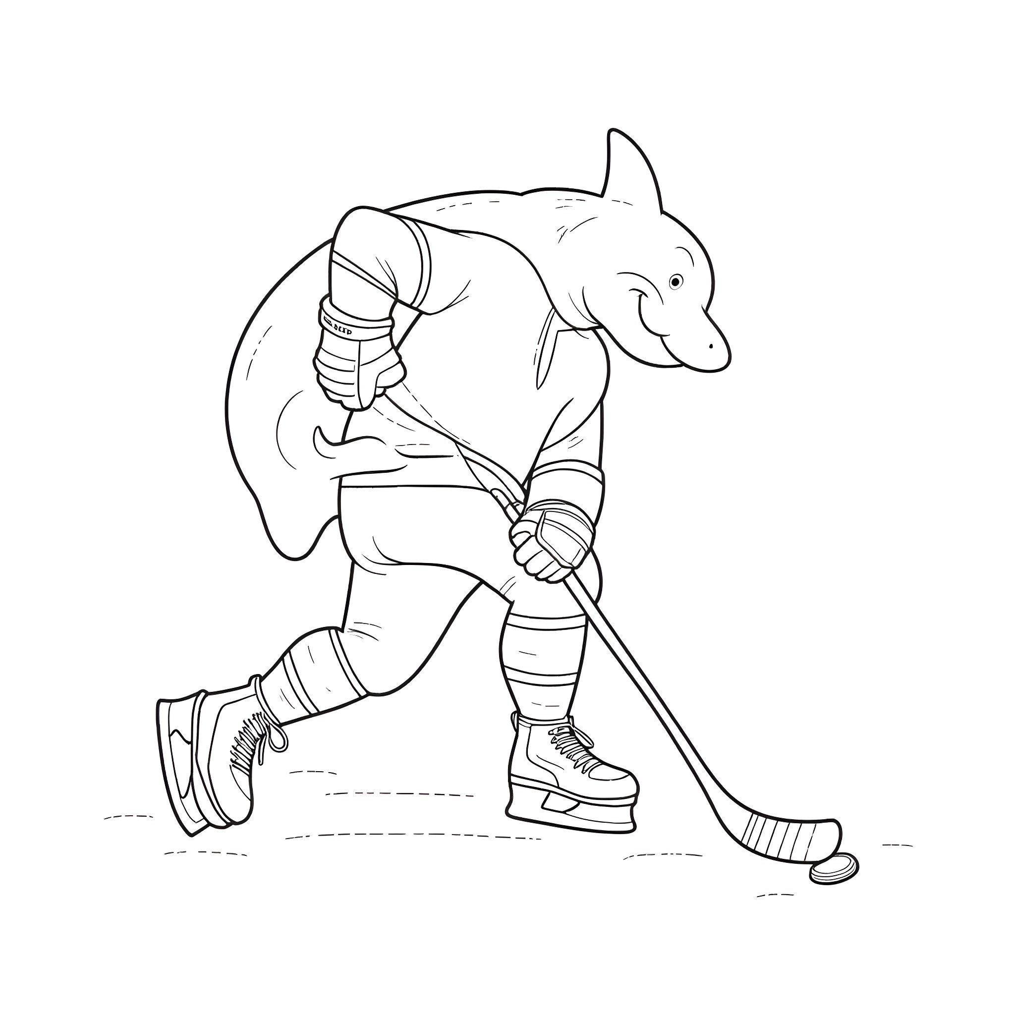 Shark playing hockey on the ice Coloring Page (free black-and-white line drawing printable PDF for all, from beginners to advanced learners, including children, teens, adults, and seniors)