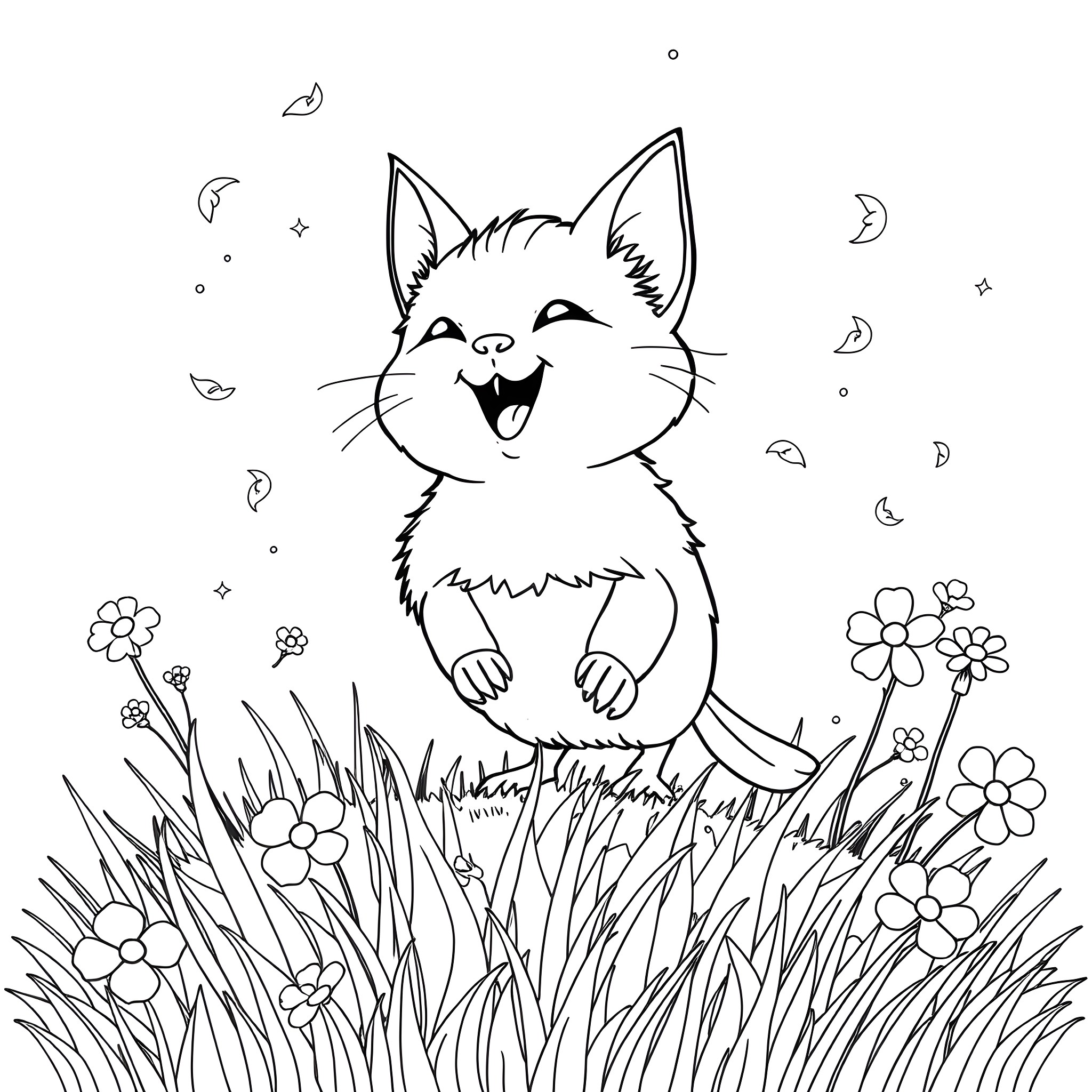 Sprigatito playing happily in the meadow Coloring Page (free black-and-white line drawing printable PDF for all, from beginners to advanced learners, including children, teens, adults, and seniors)