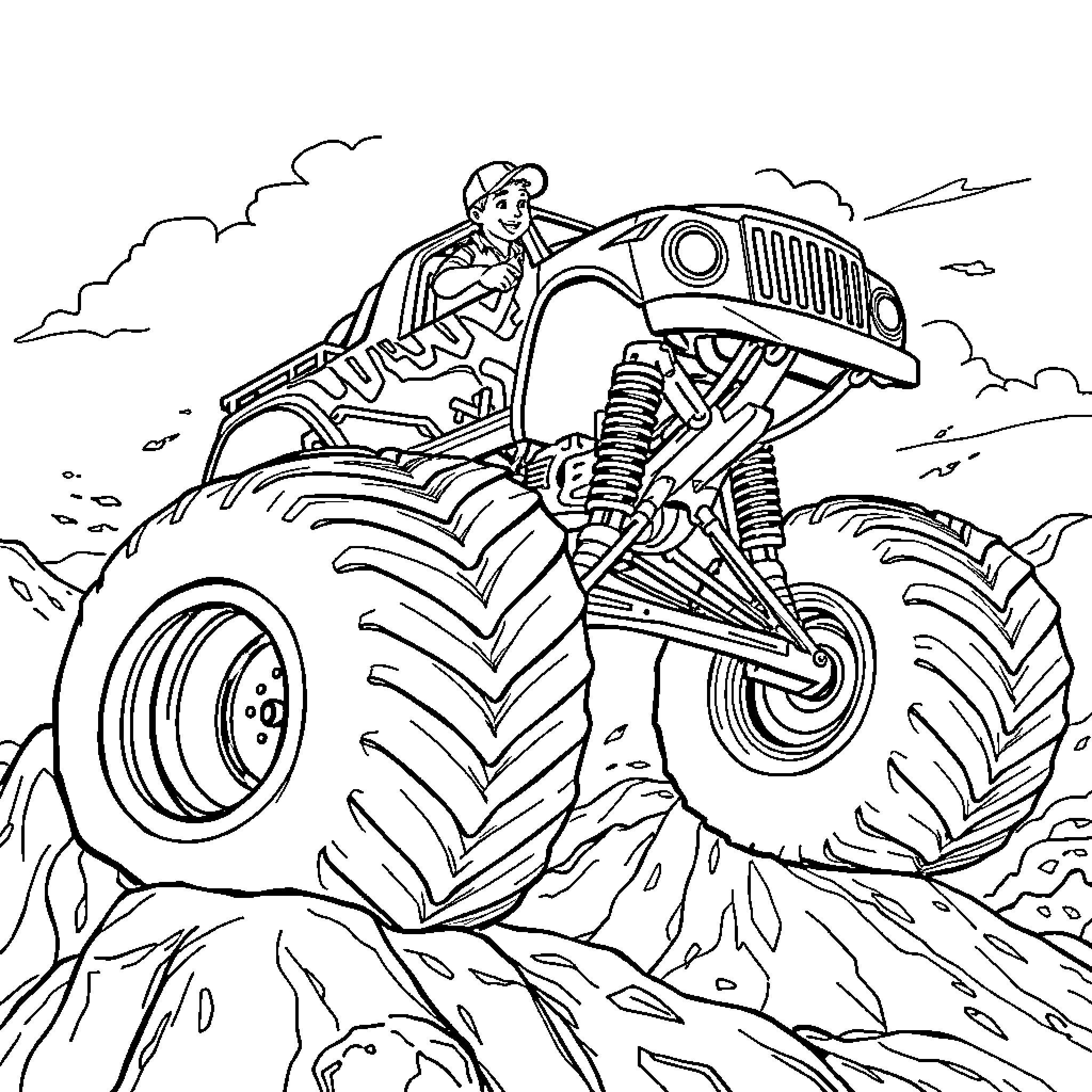 Boy riding a powerful monster truck over rugged terrain Coloring Page (free black-and-white line drawing printable PDF for all, from beginners to advanced learners, including children, teens, adults, and seniors)