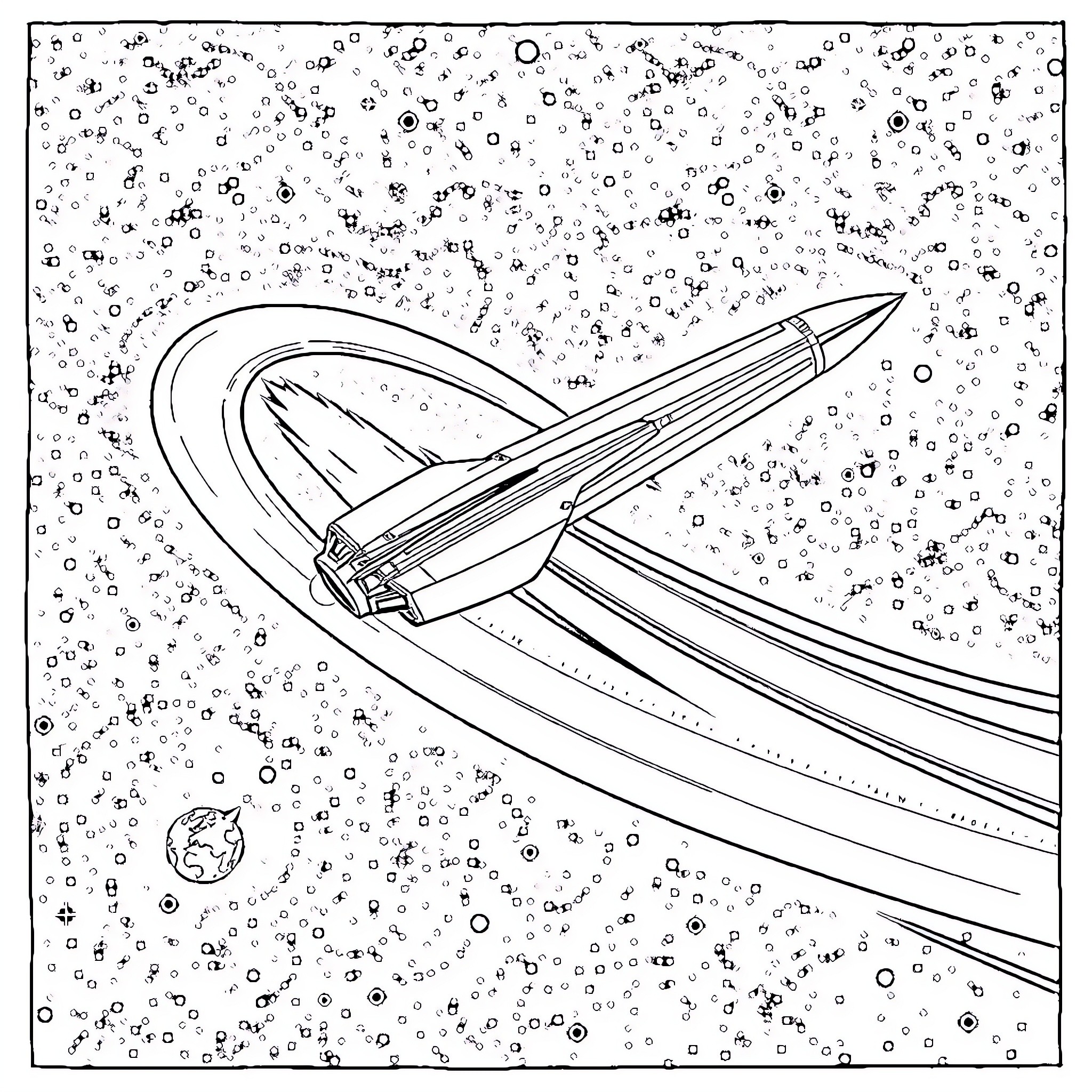 Spacecraft launching into space through cosmic debris Coloring Page (free black-and-white line drawing printable PDF for all, from beginners to advanced learners, including children, teens, adults, and seniors)