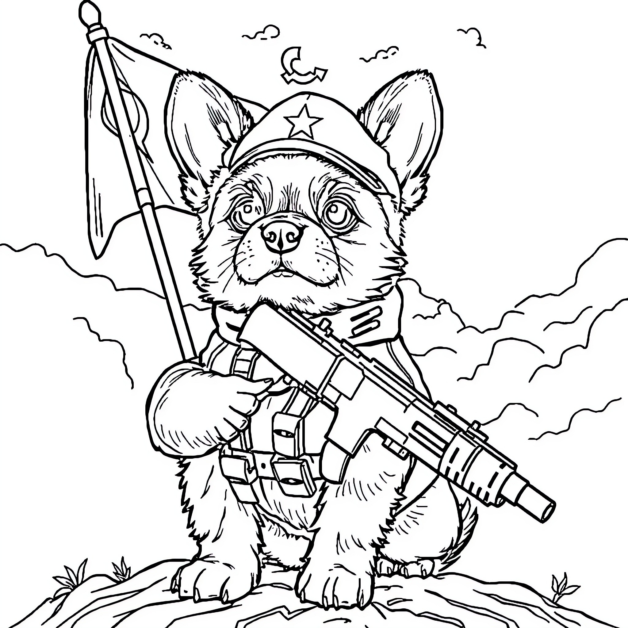 Cachorro dressed as soldier with flag and weapon Coloring Page (free black-and-white line drawing printable PDF for all, from beginners to advanced learners, including children, teens, adults, and seniors)