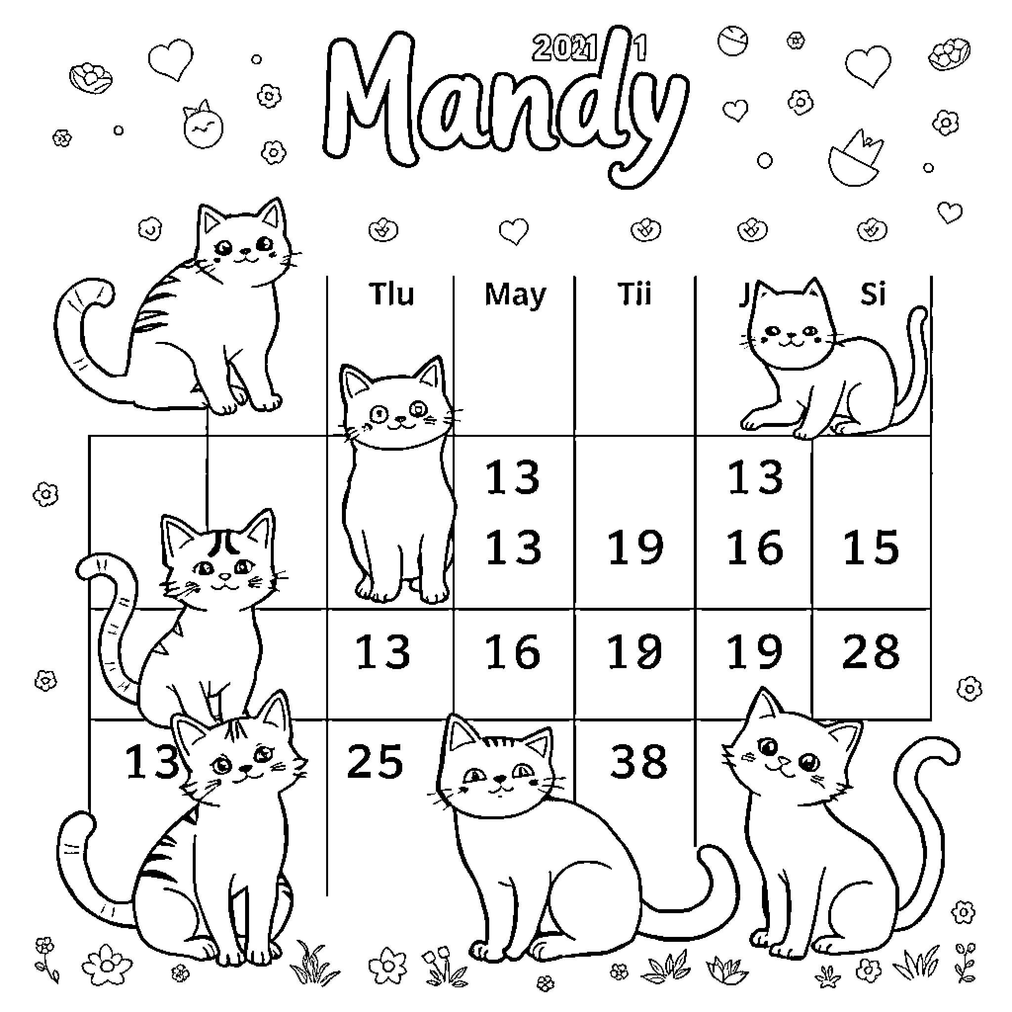 Cats in a calendar Coloring Page (free black-and-white line drawing printable PDF for all, from beginners to advanced learners, including children, teens, adults, and seniors)