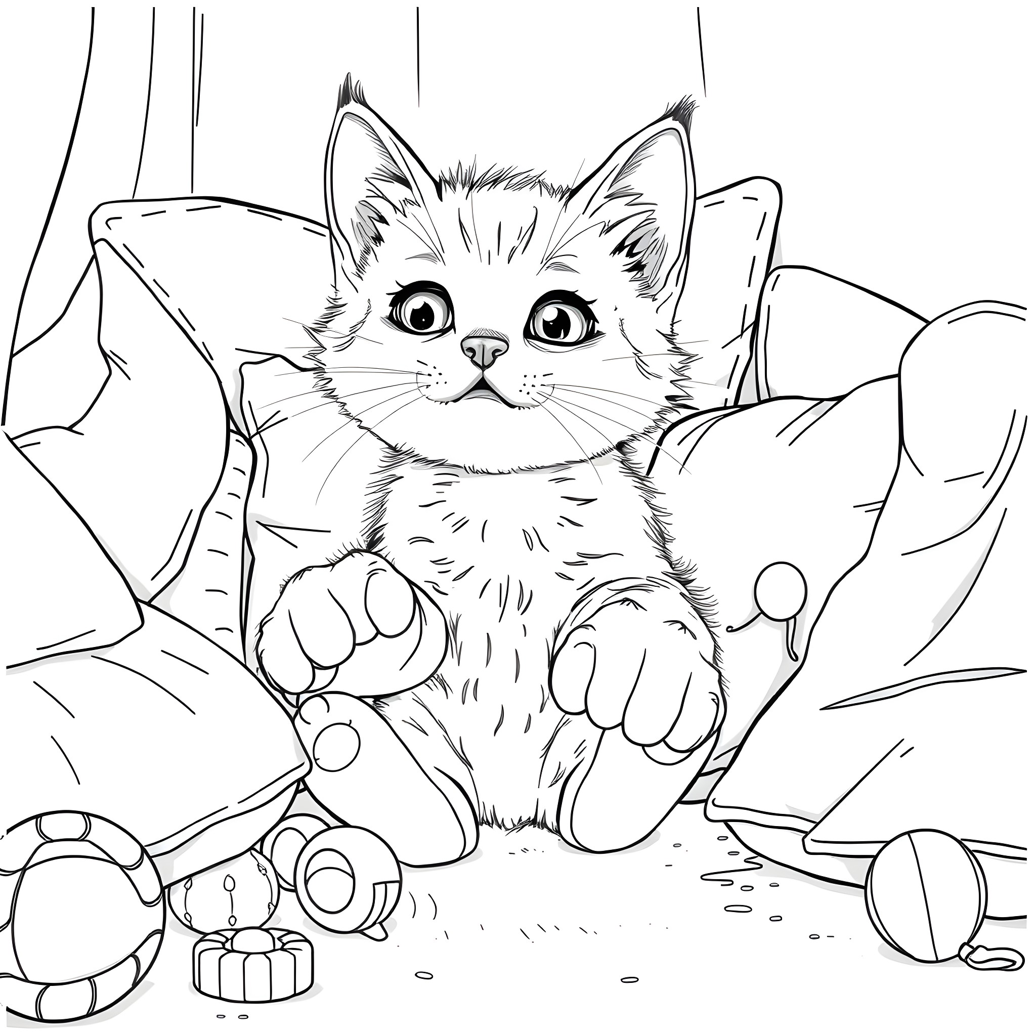 Cat playing with toys in a cozy environment Coloring Page (free black-and-white line drawing printable PDF for all, from beginners to advanced learners, including children, teens, adults, and seniors)