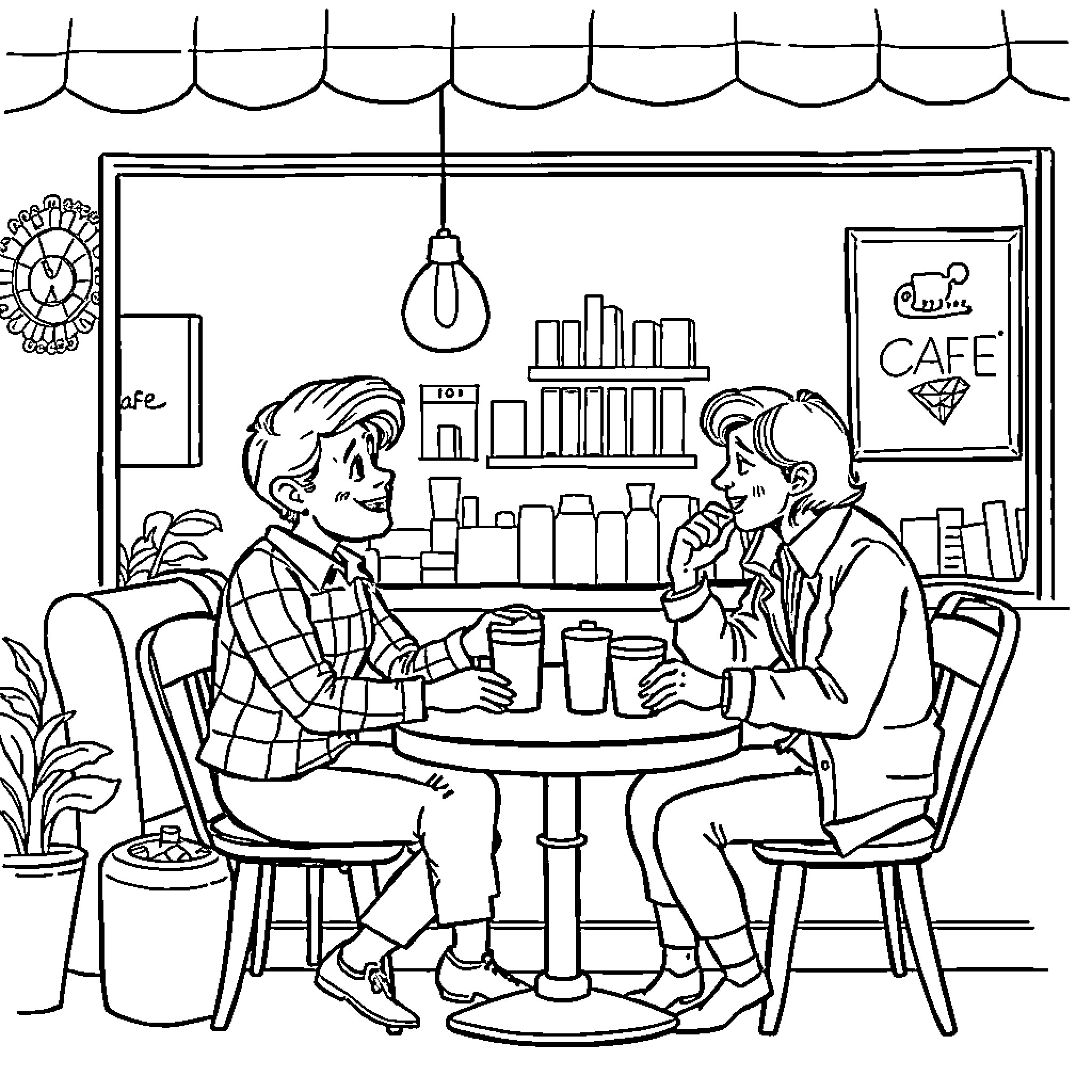 Check and Blair Enjoying Drinks at the Cafe Coloring Page (free black-and-white line drawing printable PDF for all, from beginners to advanced learners, including children, teens, adults, and seniors)