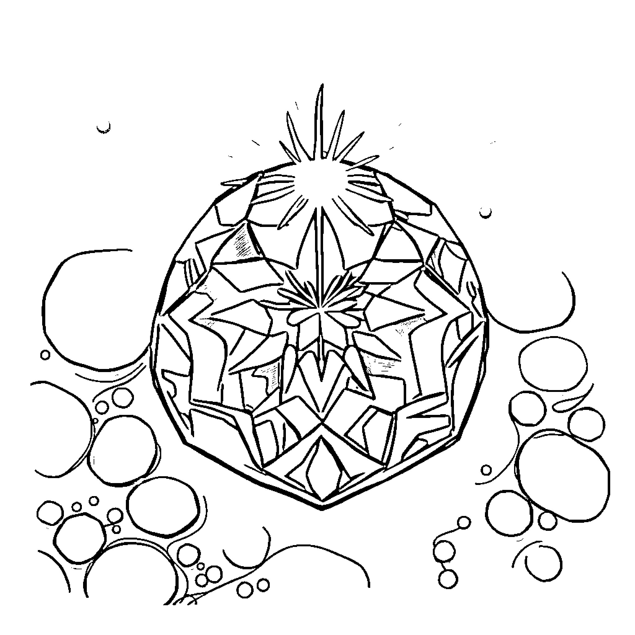 Catseye geometric crystal ball in space Coloring Page (free black-and-white line drawing printable PDF for all, from beginners to advanced learners, including children, teens, adults, and seniors)