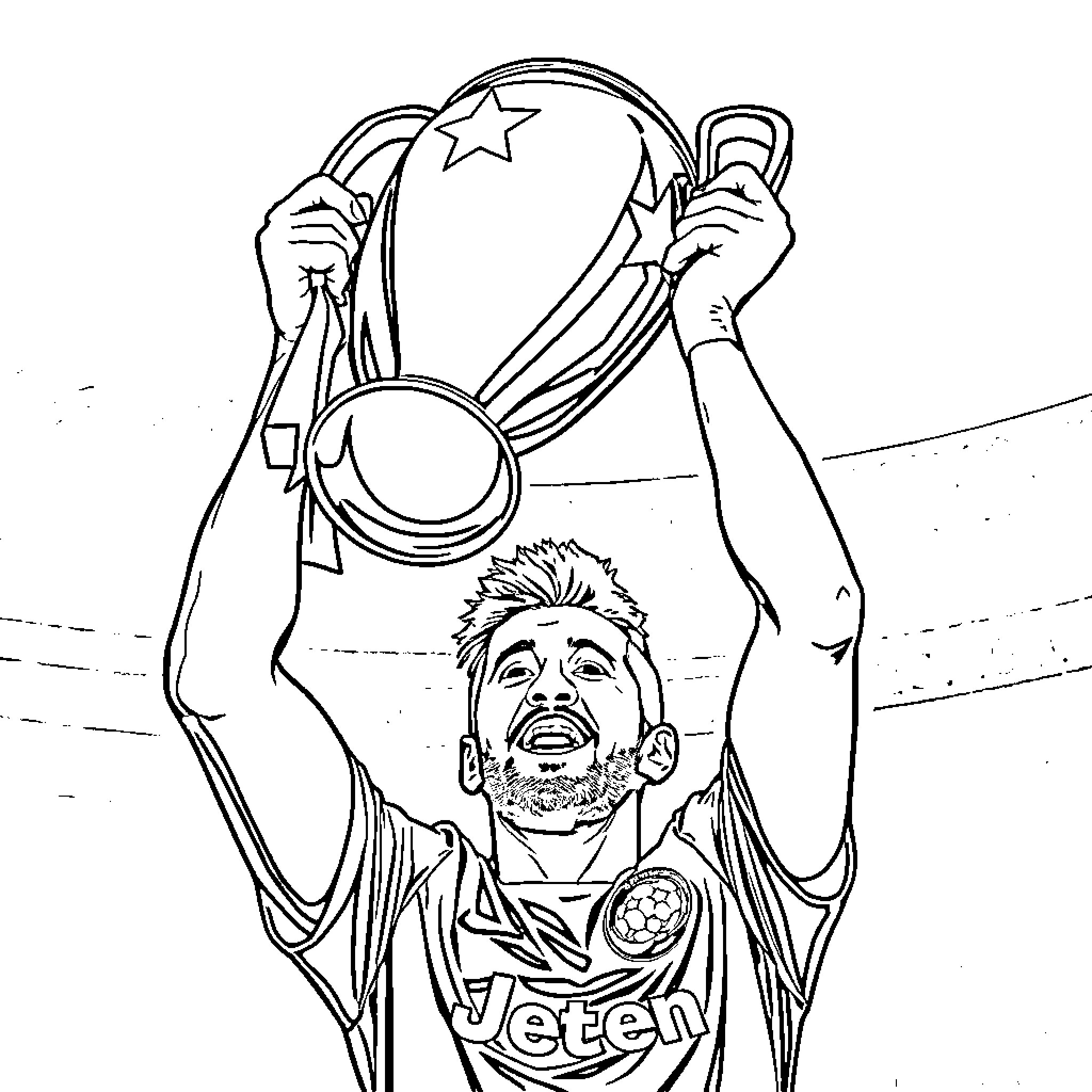 Lamine Yamal celebrating with trophy in hand Coloring Page (free black-and-white line drawing printable PDF for all, from beginners to advanced learners, including children, teens, adults, and seniors)