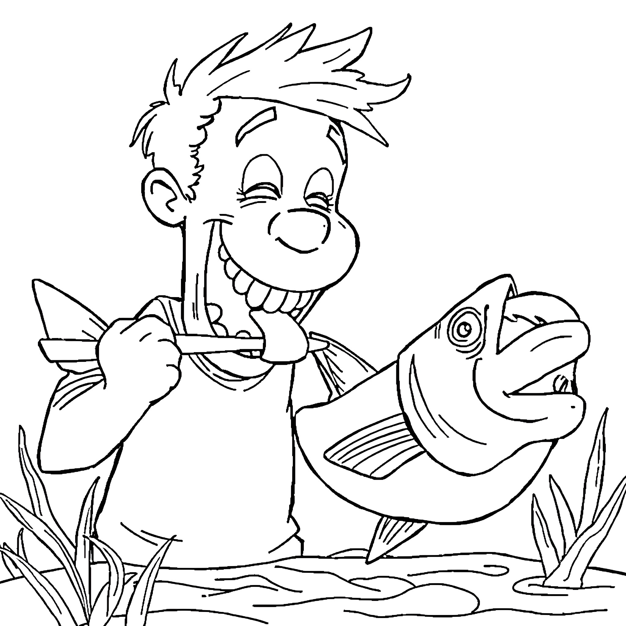 Toothless boy joyfully fishing with a big catch Coloring Page (free black-and-white line drawing printable PDF for all, from beginners to advanced learners, including children, teens, adults, and seniors)