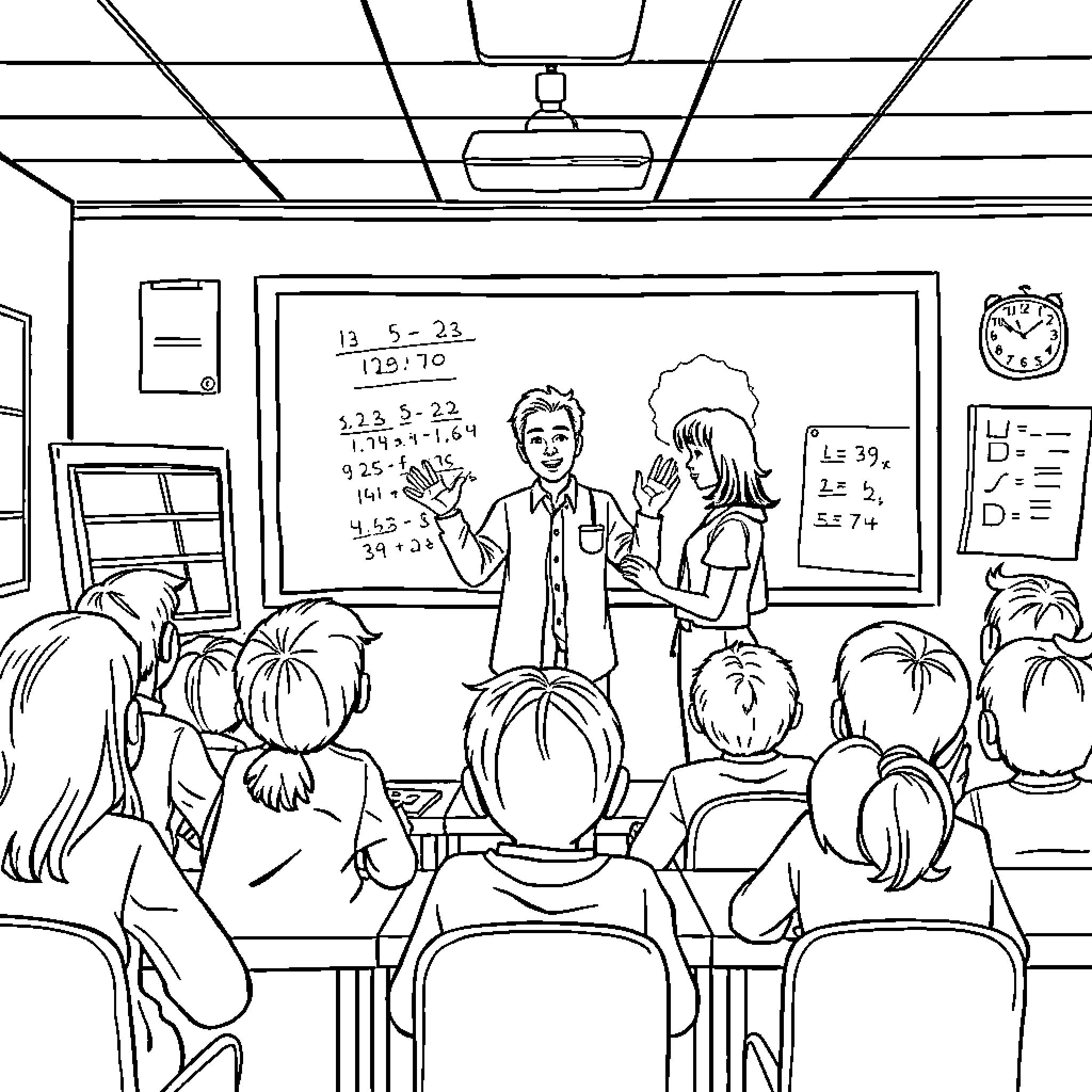 Teacher explaining concepts to students in classroom Coloring Page (free black-and-white line drawing printable PDF for all, from beginners to advanced learners, including children, teens, adults, and seniors)