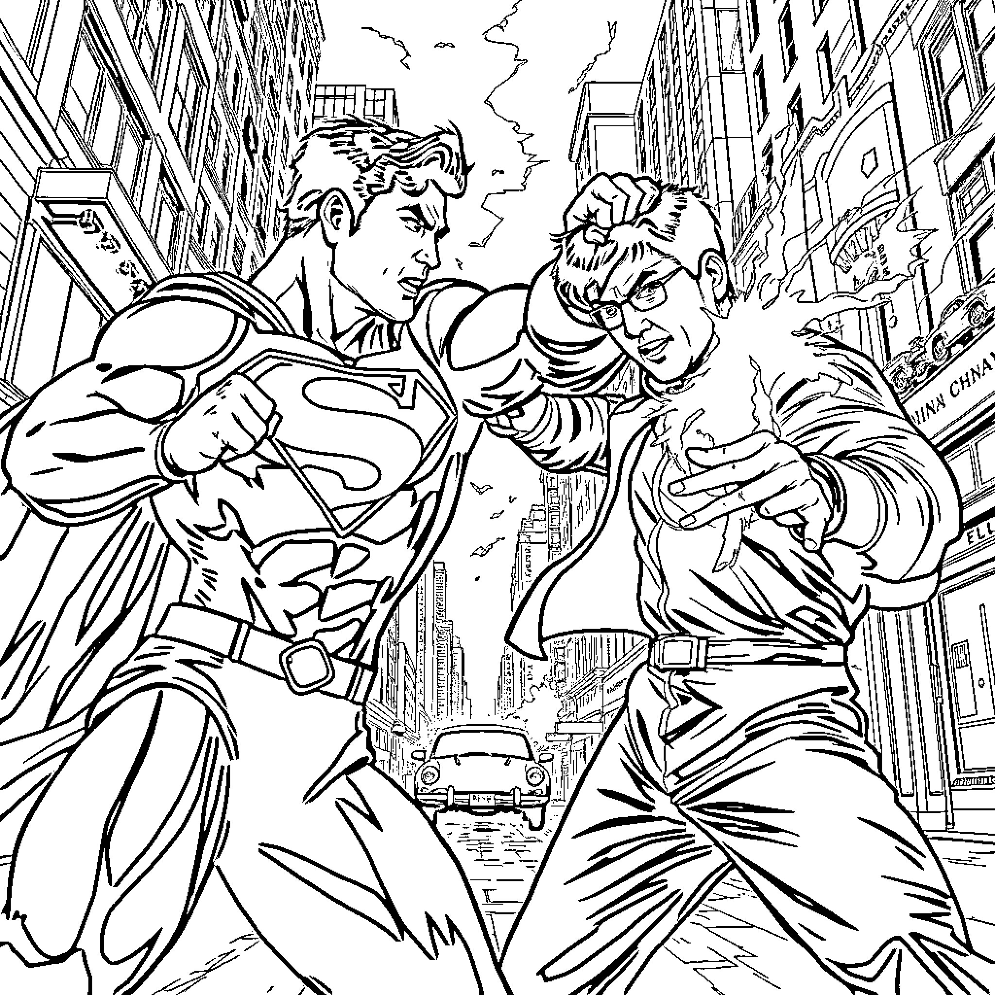 Superman battles a villainous foe in the city streets Coloring Page (free black-and-white line drawing printable PDF for all, from beginners to advanced learners, including children, teens, adults, and seniors)