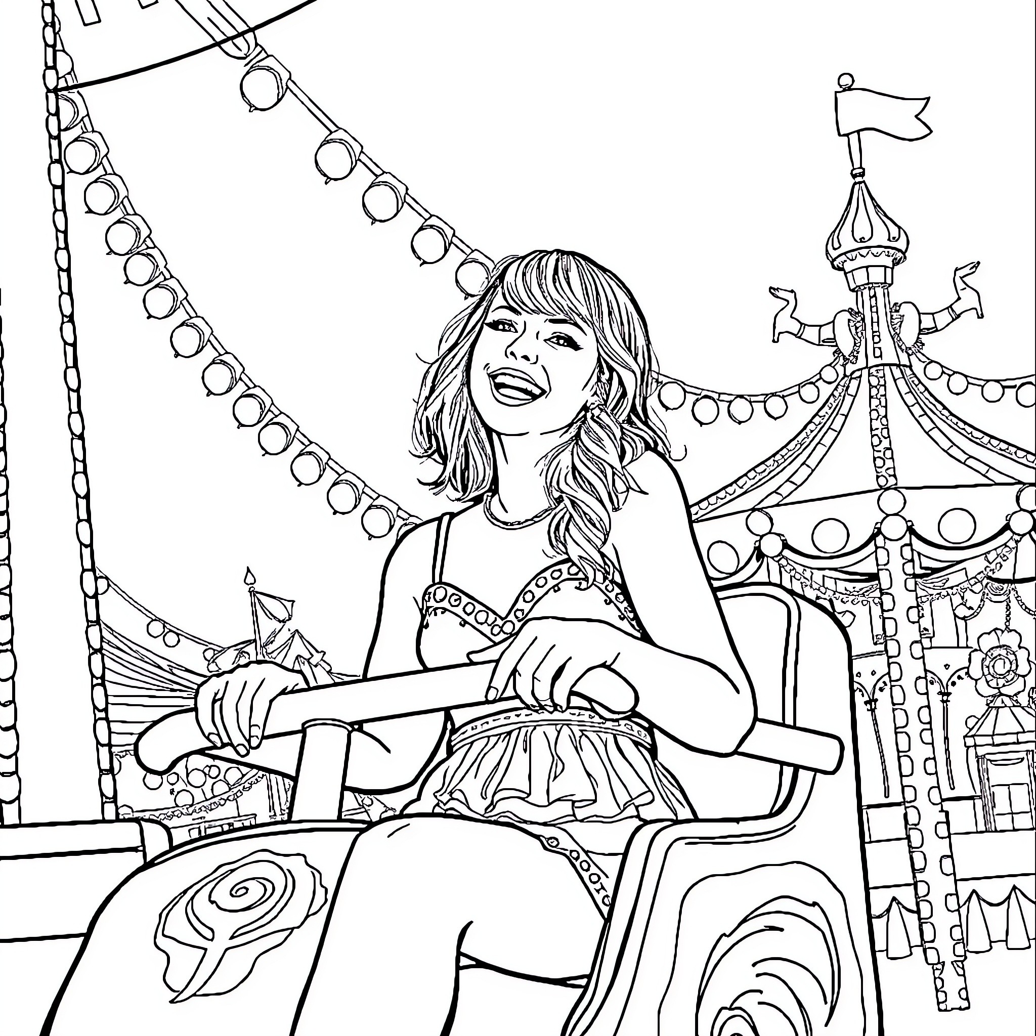 Taylor Swift Riding a Carousel in a Festive Setting Coloring Page (free black-and-white line drawing printable PDF for all, from beginners to advanced learners, including children, teens, adults, and seniors)