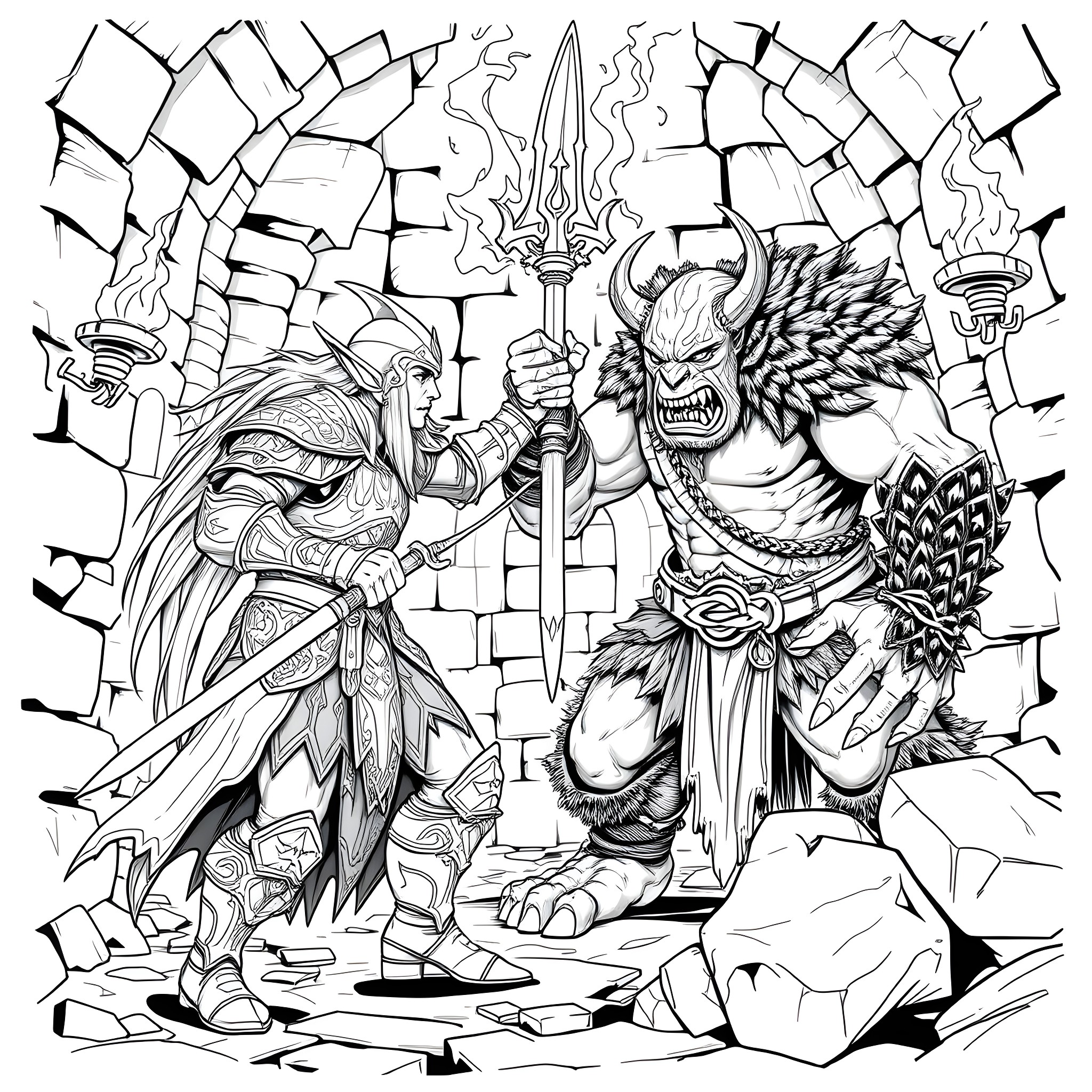 Warhammer High Elf Warrior Battling Fierce Demonic Creature Coloring Page (free black-and-white line drawing printable PDF for all, from beginners to advanced learners, including children, teens, adults, and seniors)