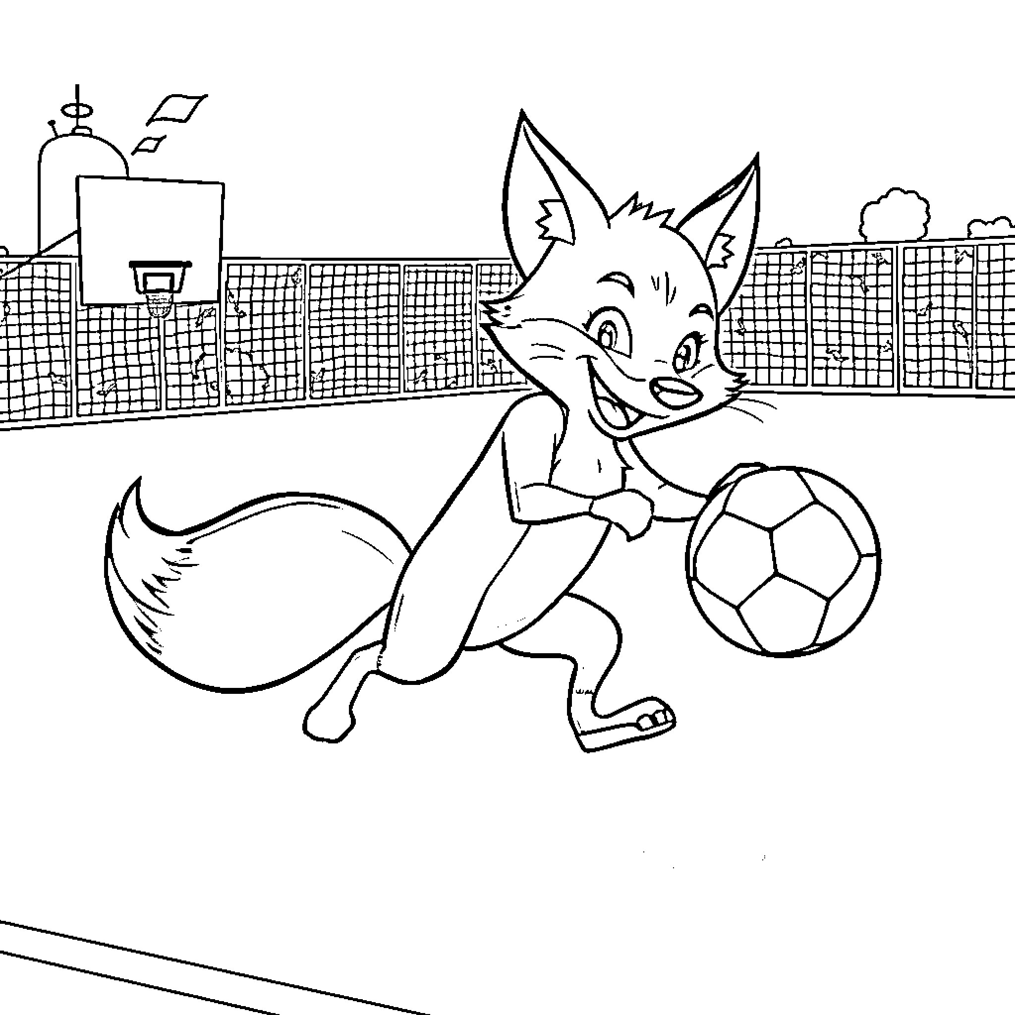 Fuchs playing joyfully with soccer ball in urban setting Coloring Page (free black-and-white line drawing printable PDF for all, from beginners to advanced learners, including children, teens, adults, and seniors)