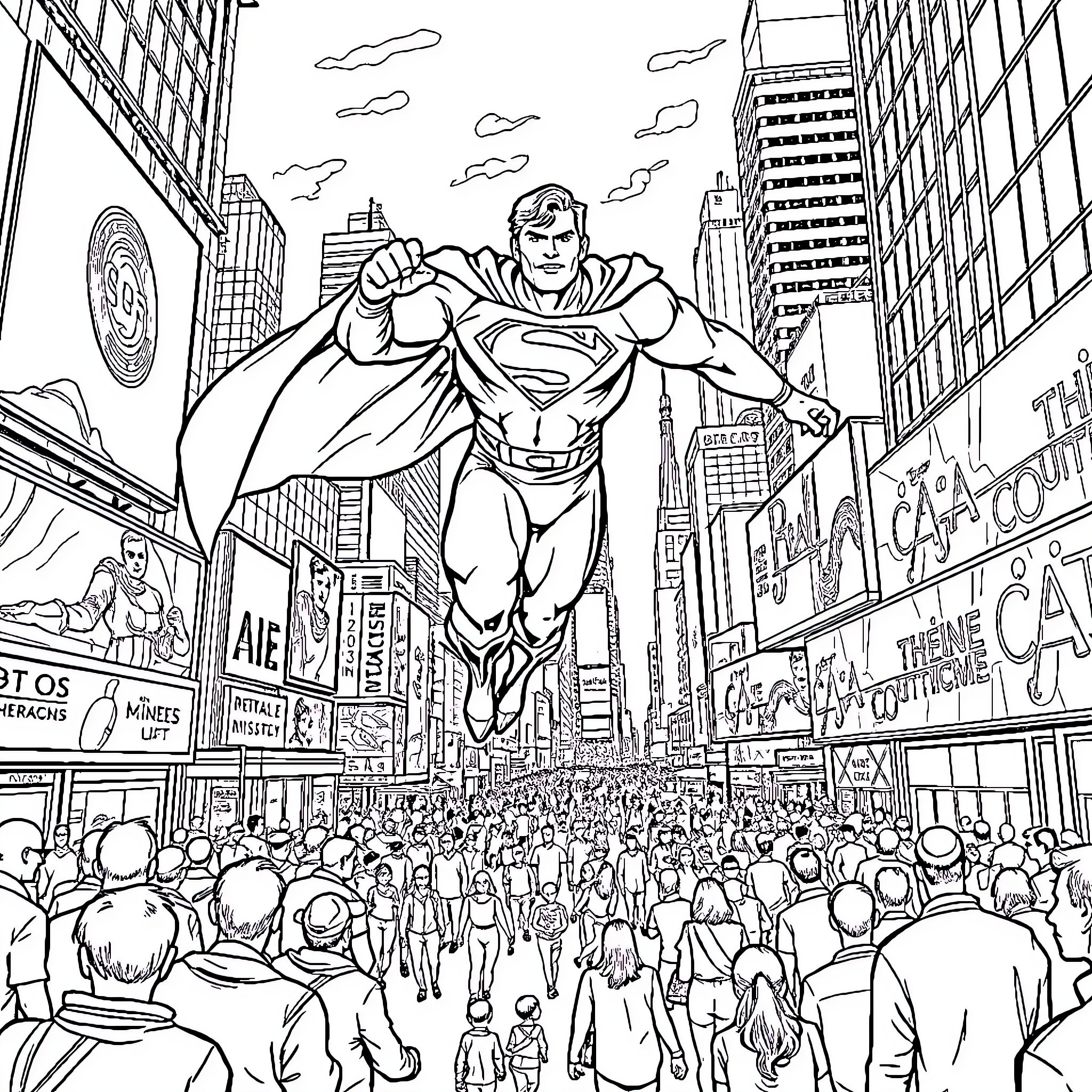 Superman soaring over a bustling city street Coloring Page (free black-and-white line drawing printable PDF for all, from beginners to advanced learners, including children, teens, adults, and seniors)