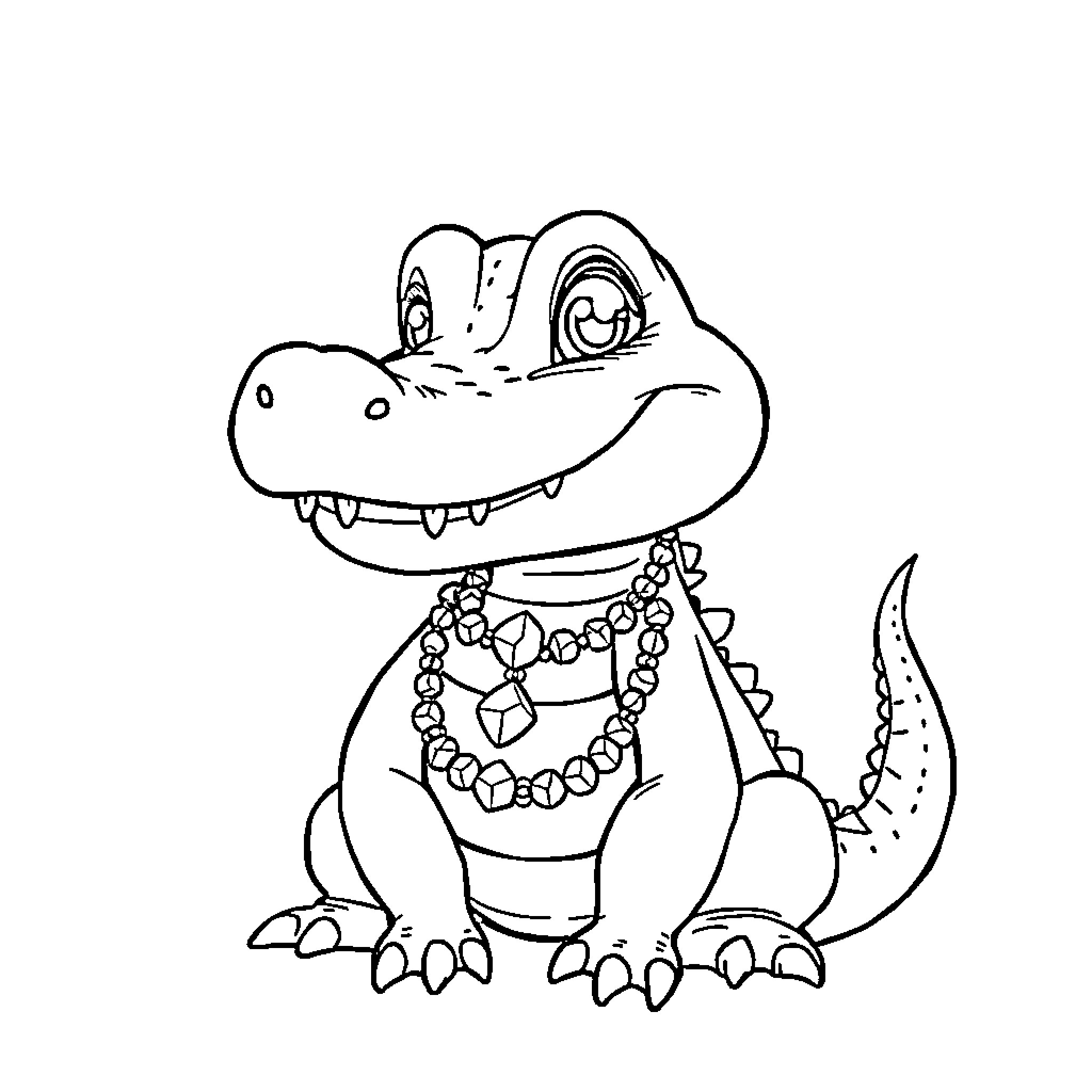 Crocodile wearing a lei and smiling Coloring Page (free black-and-white line drawing printable PDF for all, from beginners to advanced learners, including children, teens, adults, and seniors)