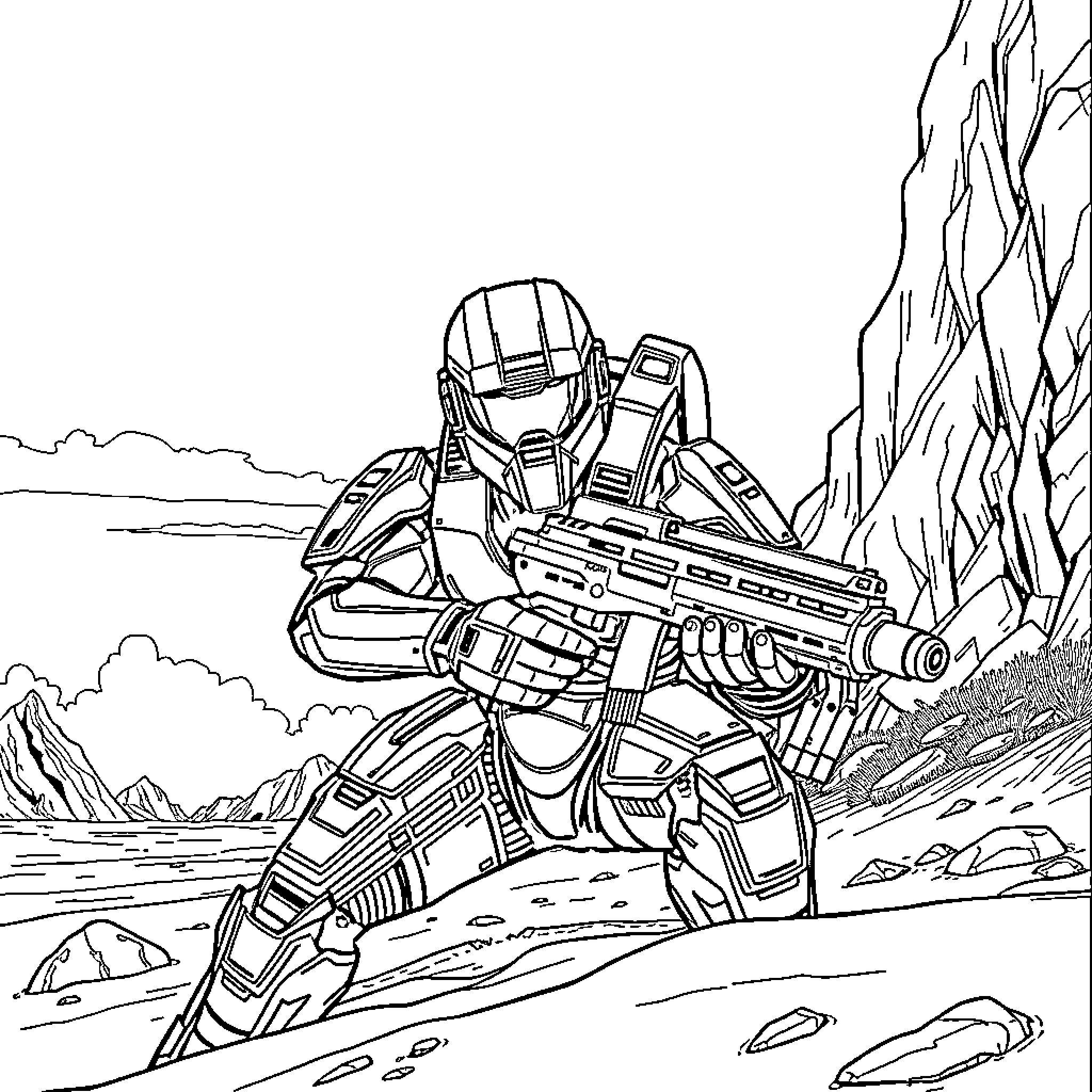 Master Chief in Heroic Pose with Futuristic Armor Coloring Page (free black-and-white line drawing printable PDF for all, from beginners to advanced learners, including children, teens, adults, and seniors)