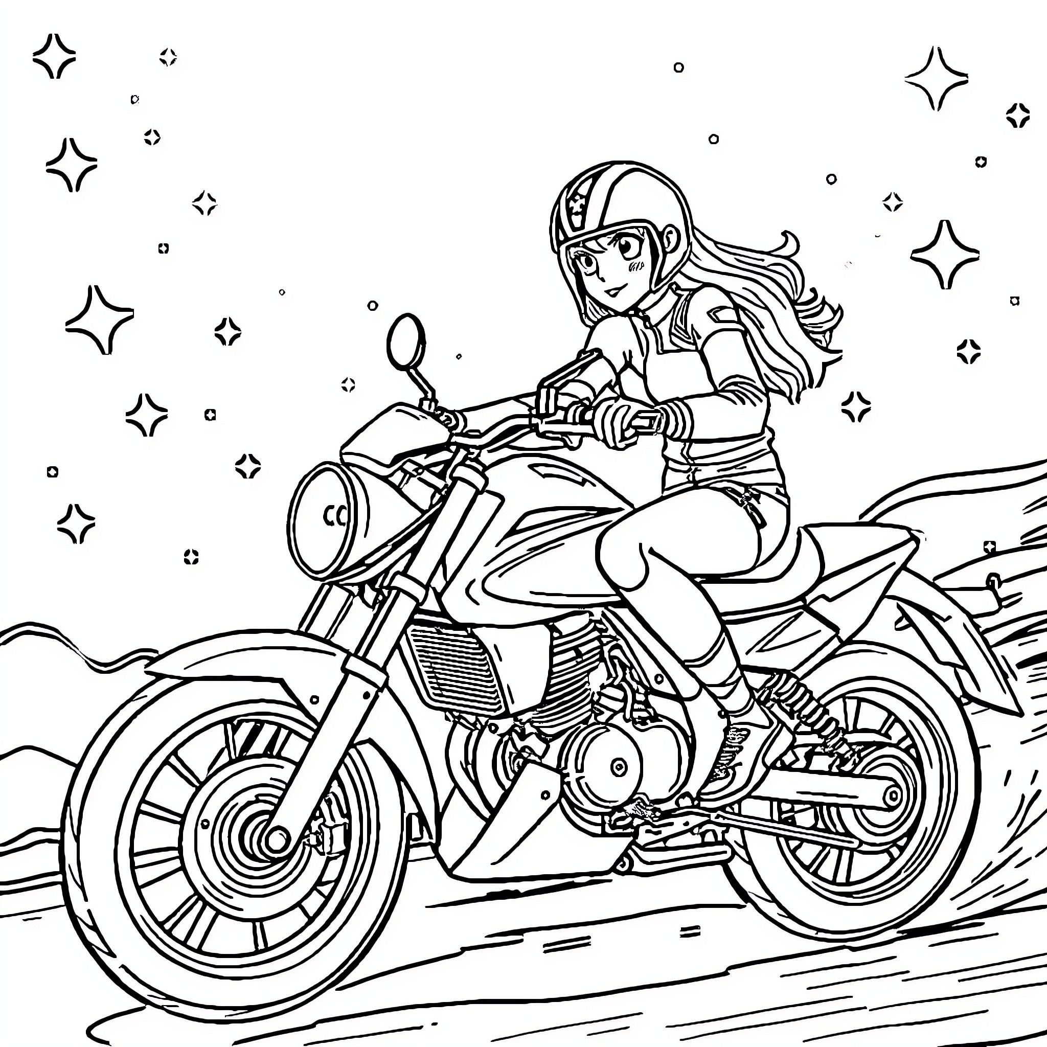 Centella's Adventurous Motorcycle Ride Coloring Page (free black-and-white line drawing printable PDF for all, from beginners to advanced learners, including children, teens, adults, and seniors)