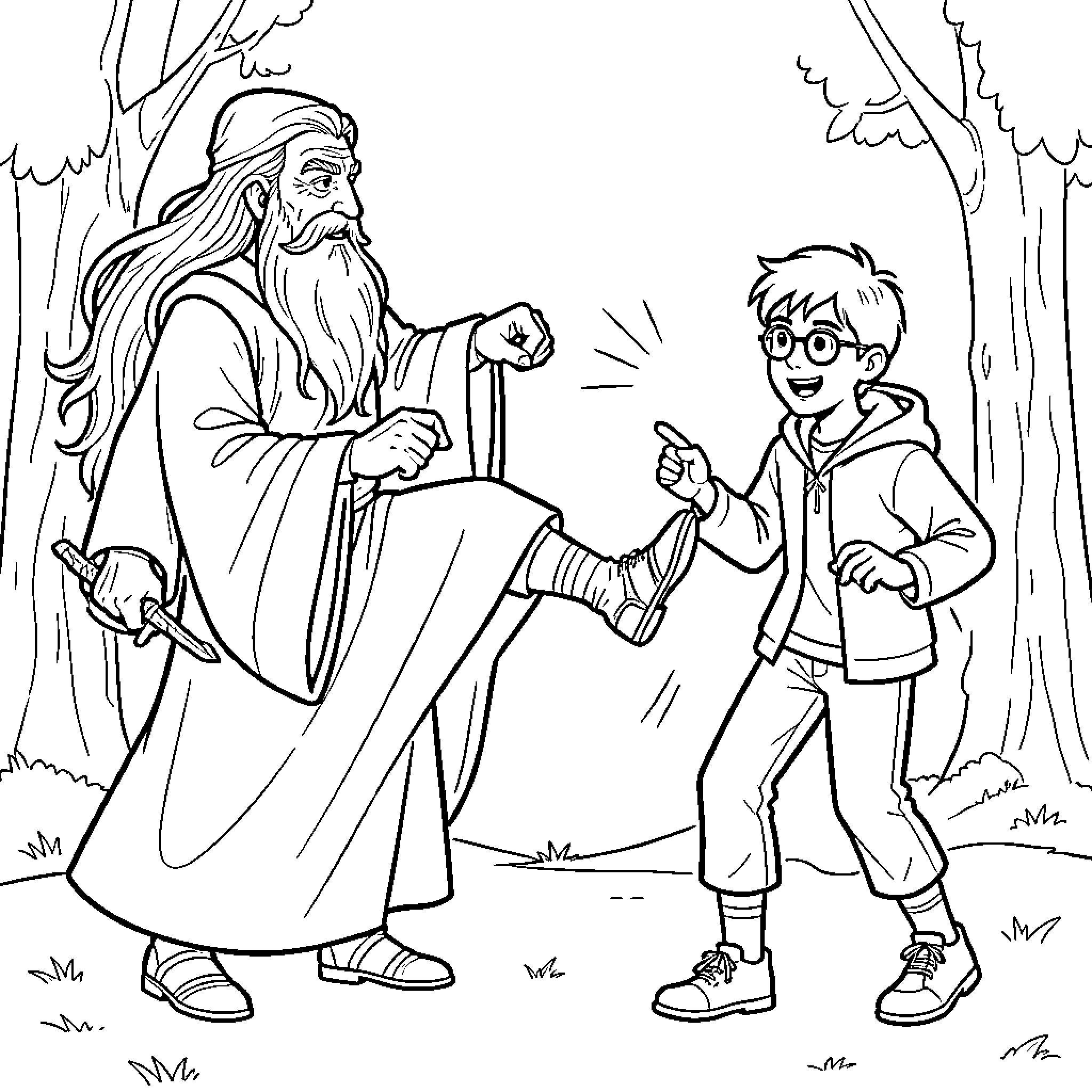 Gandalf guiding and mentoring a young wizard in the forest Coloring Page (free black-and-white line drawing printable PDF for all, from beginners to advanced learners, including children, teens, adults, and seniors)