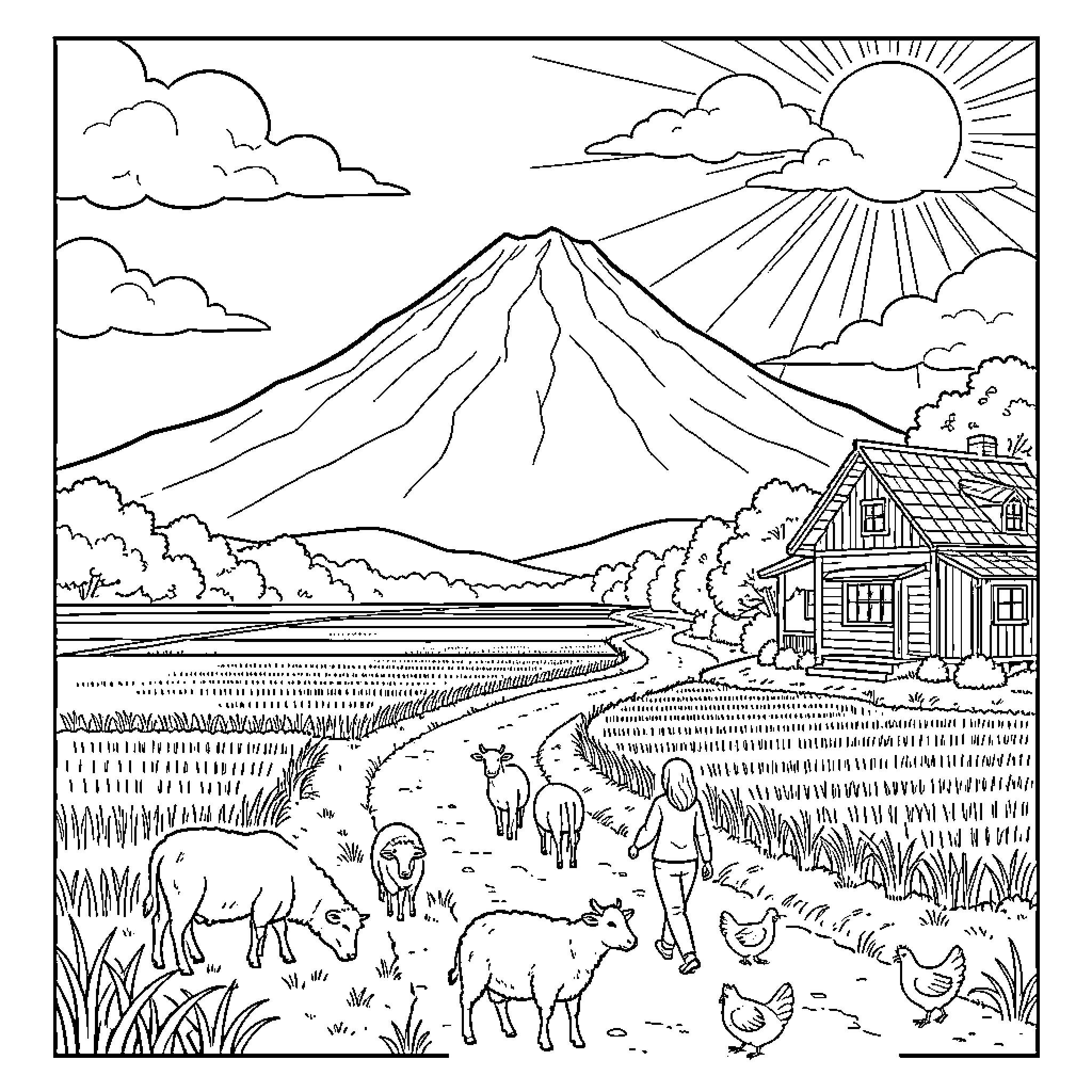Pemandangan gunung megah dengan domba di padang rumput Coloring Page (free black-and-white line drawing printable PDF for all, from beginners to advanced learners, including children, teens, adults, and seniors)