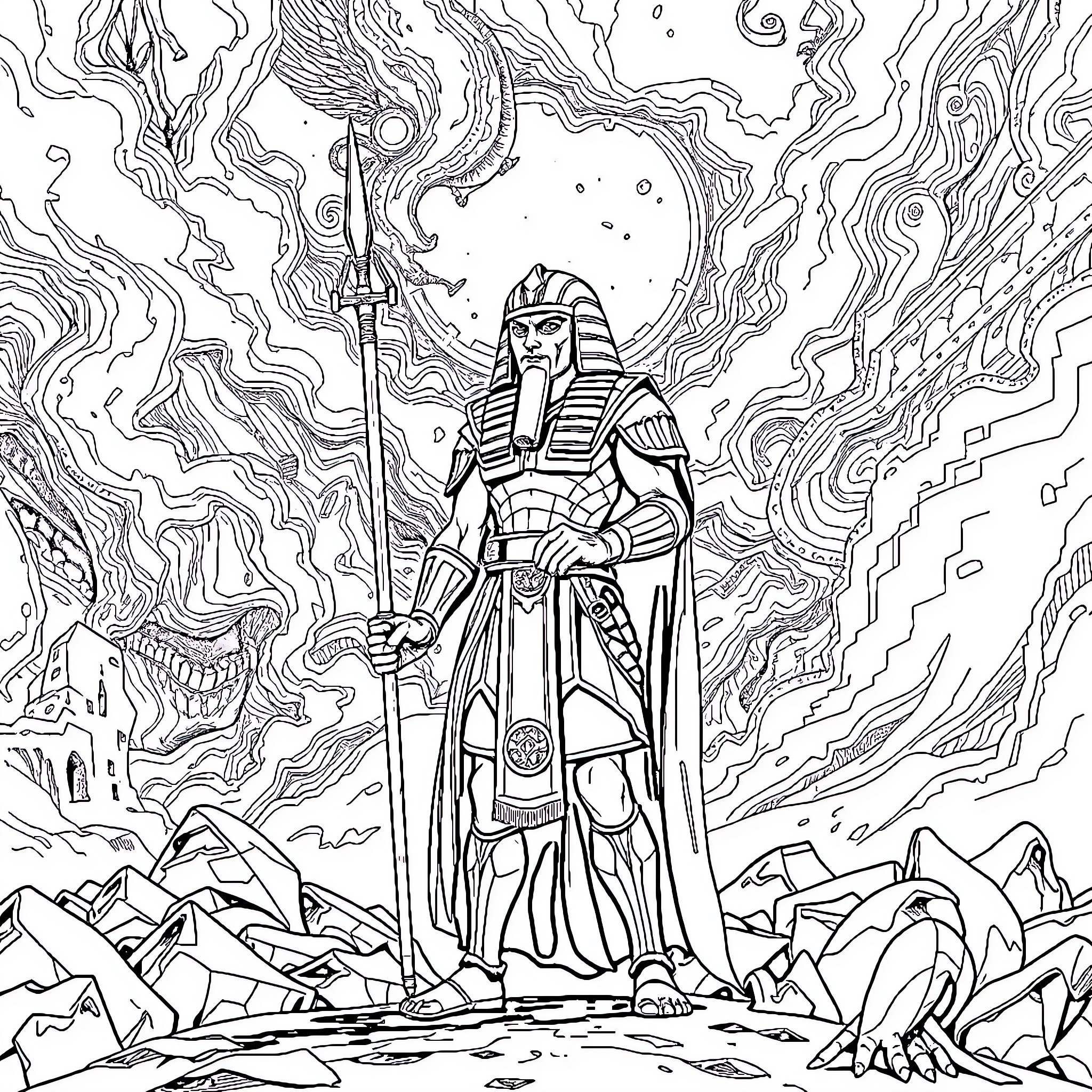 Euphrati Keeper standing amidst a mystical landscape Coloring Page (free black-and-white line drawing printable PDF for all, from beginners to advanced learners, including children, teens, adults, and seniors)