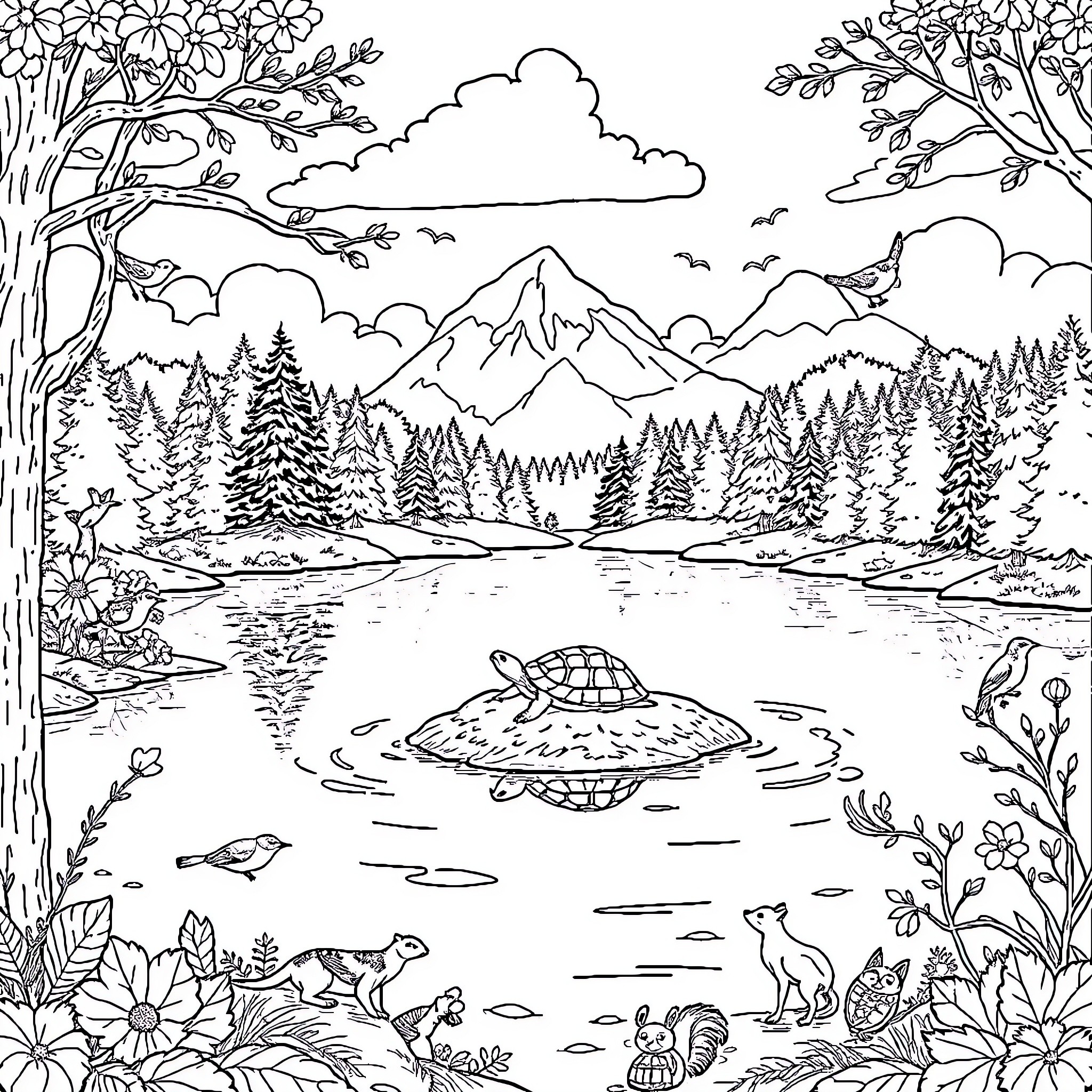 Turtle exploring the serene mountain landscape Coloring Page (free black-and-white line drawing printable PDF for all, from beginners to advanced learners, including children, teens, adults, and seniors)