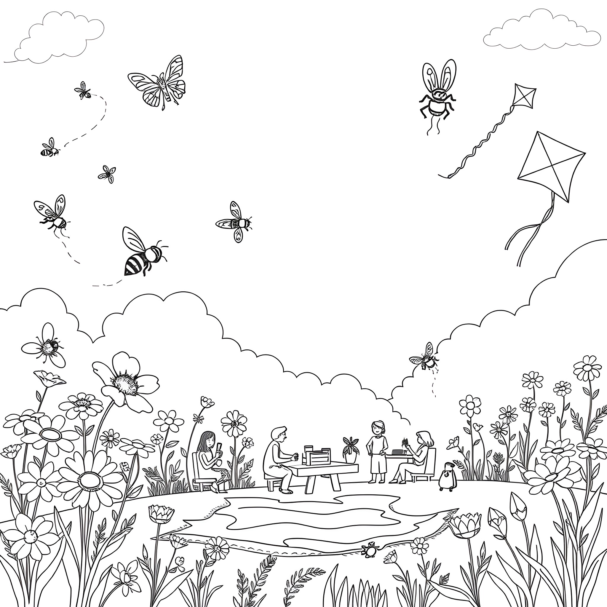 June picnic with kites and butterflies in the garden Coloring Page (free black-and-white line drawing printable PDF for all, from beginners to advanced learners, including children, teens, adults, and seniors)