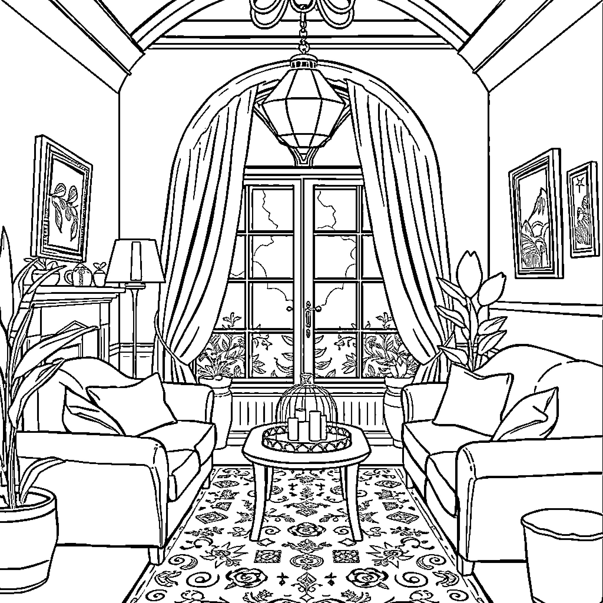 Bougnoul's Elegant Drawing Room Coloring Page (free black-and-white line drawing printable PDF for all, from beginners to advanced learners, including children, teens, adults, and seniors)