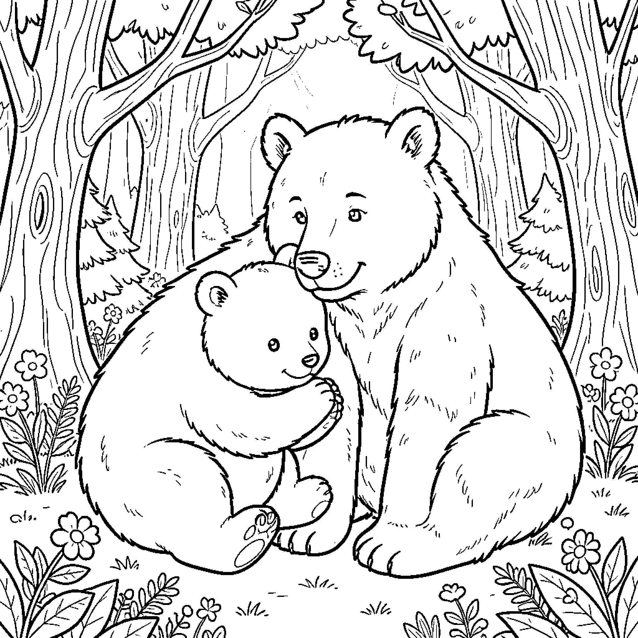 Bear family in the forest with floral background Coloring Page (free black-and-white line drawing printable PDF for all, from beginners to advanced learners, including children, teens, adults, and seniors)
