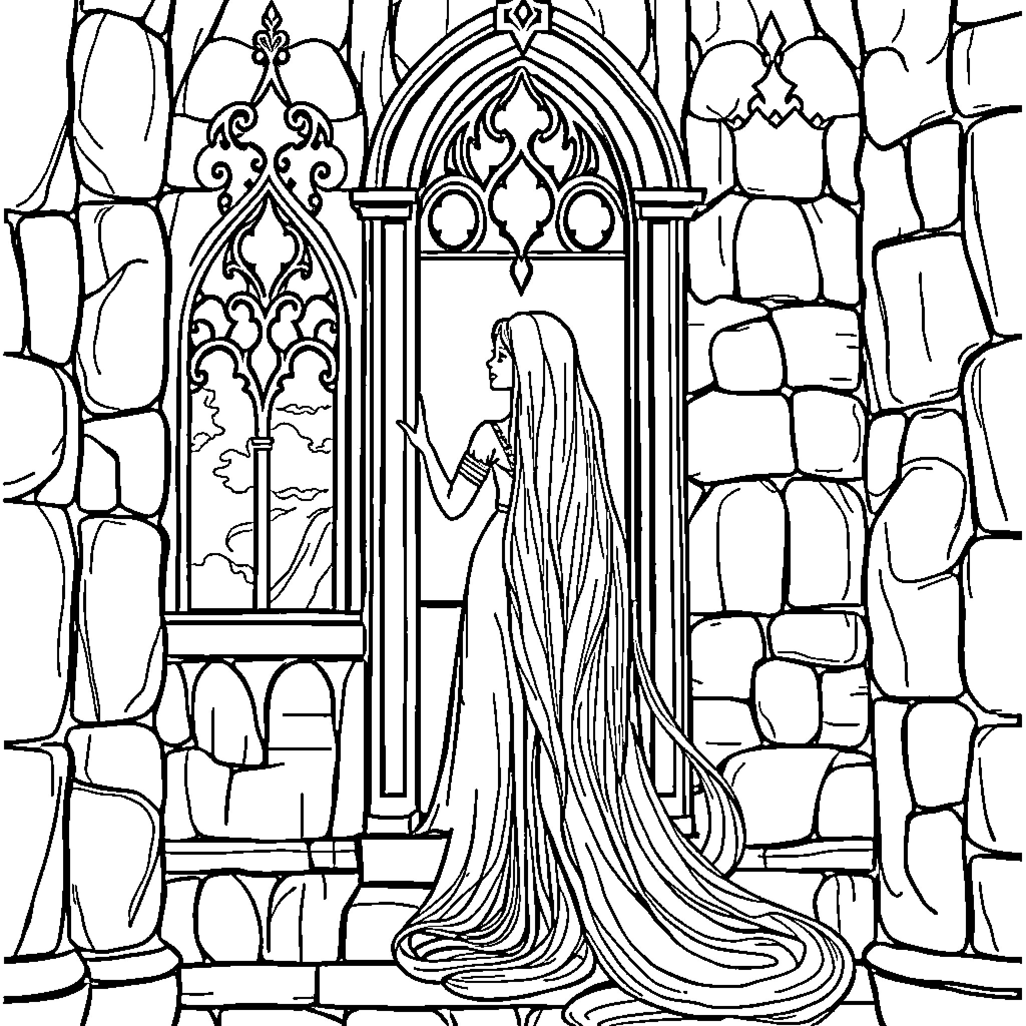 Rapunzel in elegant attire gazing through a castle window Coloring Page (free black-and-white line drawing printable PDF for all, from beginners to advanced learners, including children, teens, adults, and seniors)