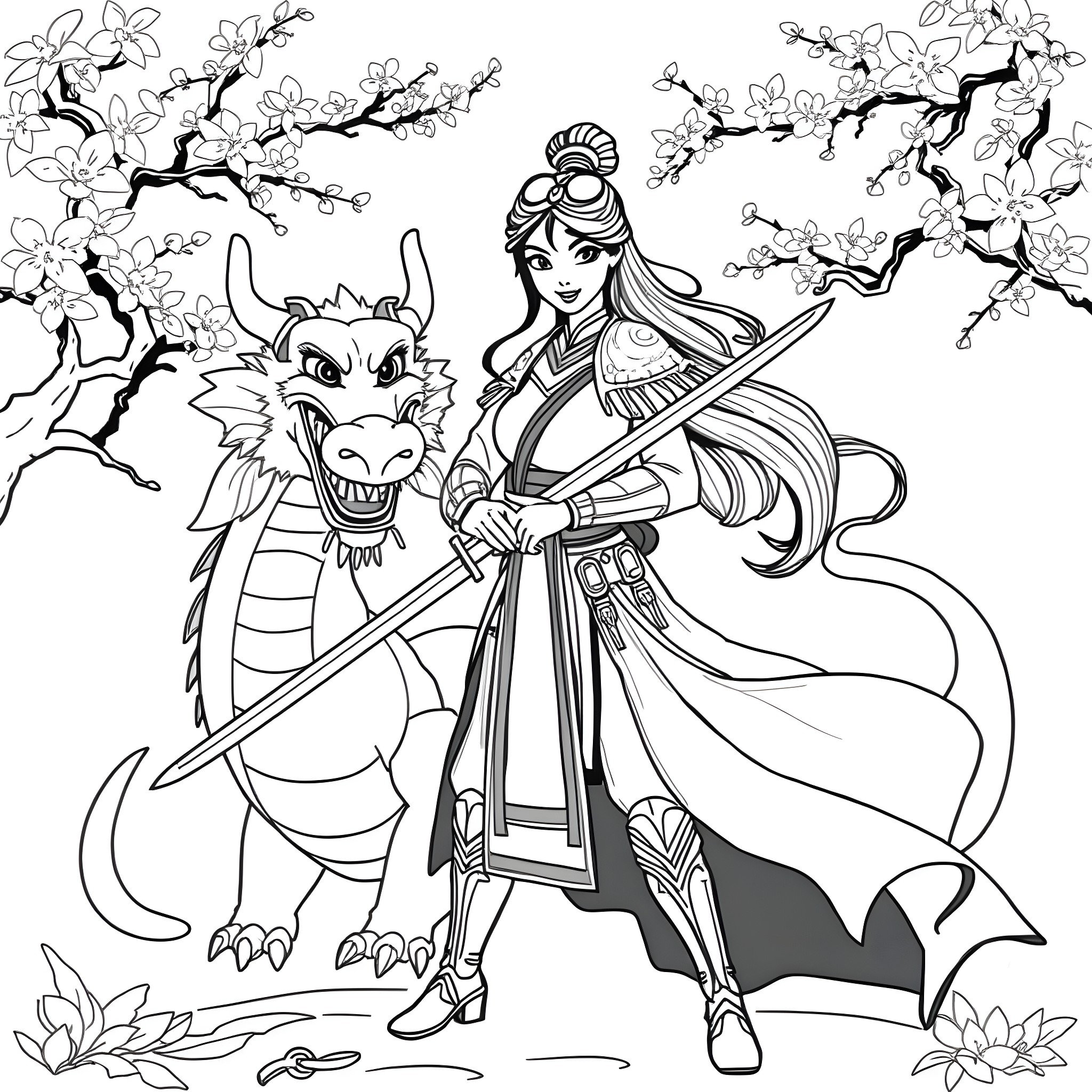 Mulan and her dragon friend in the springtime Coloring Page (free black-and-white line drawing printable PDF for all, from beginners to advanced learners, including children, teens, adults, and seniors)