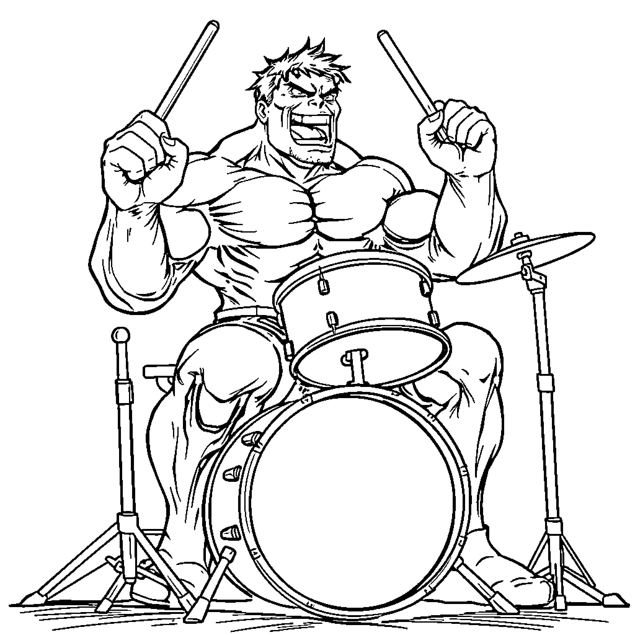 Hulk Rocking Out on Drums with Intensity Coloring Page (free black-and-white line drawing printable PDF for all, from beginners to advanced learners, including children, teens, adults, and seniors)
