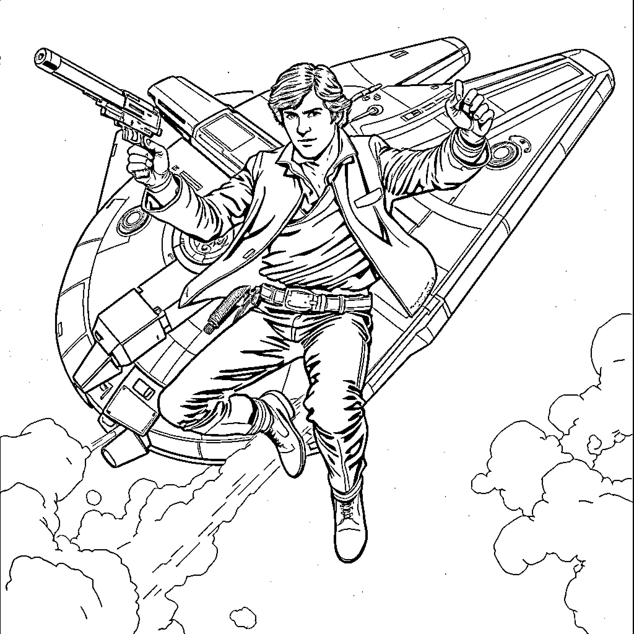 Han Solo's Daring Space Adventure Coloring Page (free black-and-white line drawing printable PDF for all, from beginners to advanced learners, including children, teens, adults, and seniors)