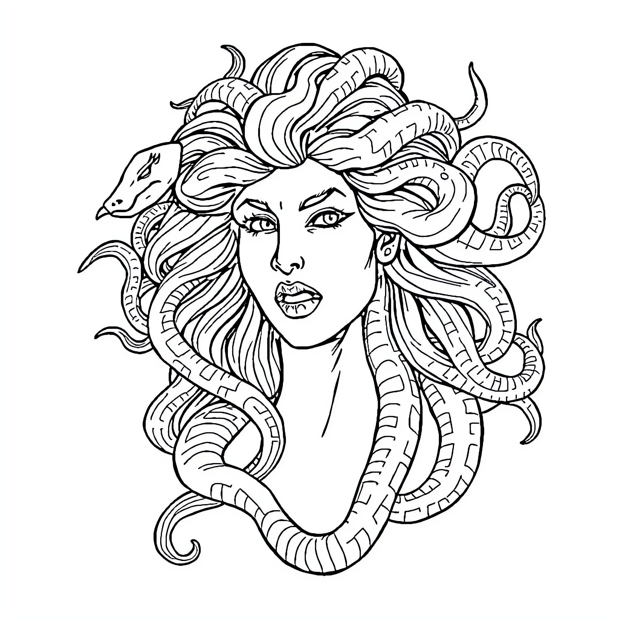 Medusa's Mystical Visage Coloring Page (free black-and-white line drawing printable PDF for all, from beginners to advanced learners, including children, teens, adults, and seniors)