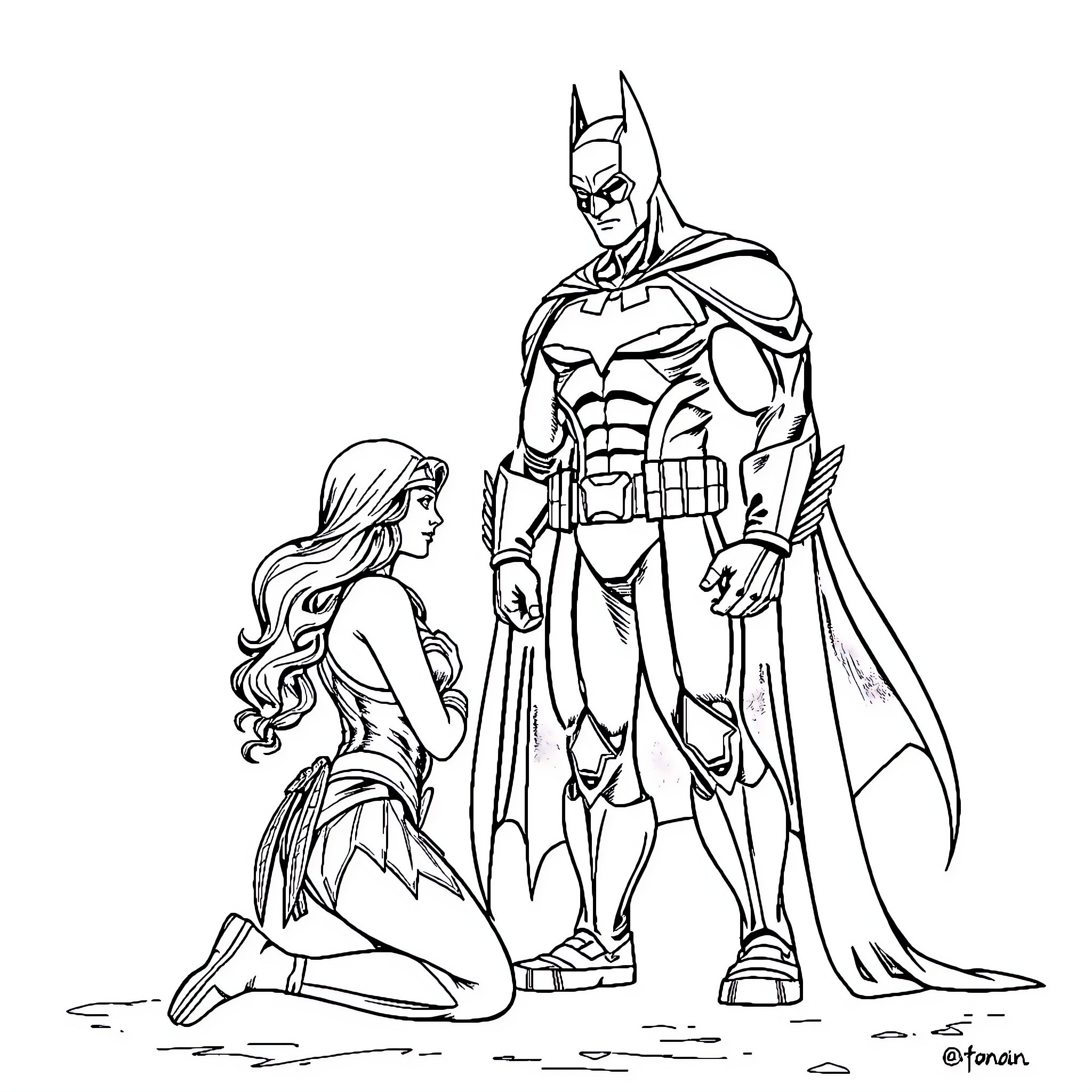 Wonder Woman and Batman in heroic poses Coloring Page (free black-and-white line drawing printable PDF for all, from beginners to advanced learners, including children, teens, adults, and seniors)