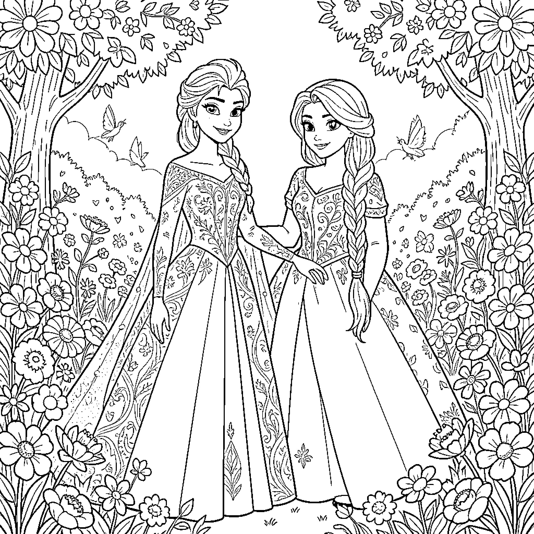 Elsa and Anna in a Floral Garden Coloring Page (free black-and-white line drawing printable PDF for all, from beginners to advanced learners, including children, teens, adults, and seniors)