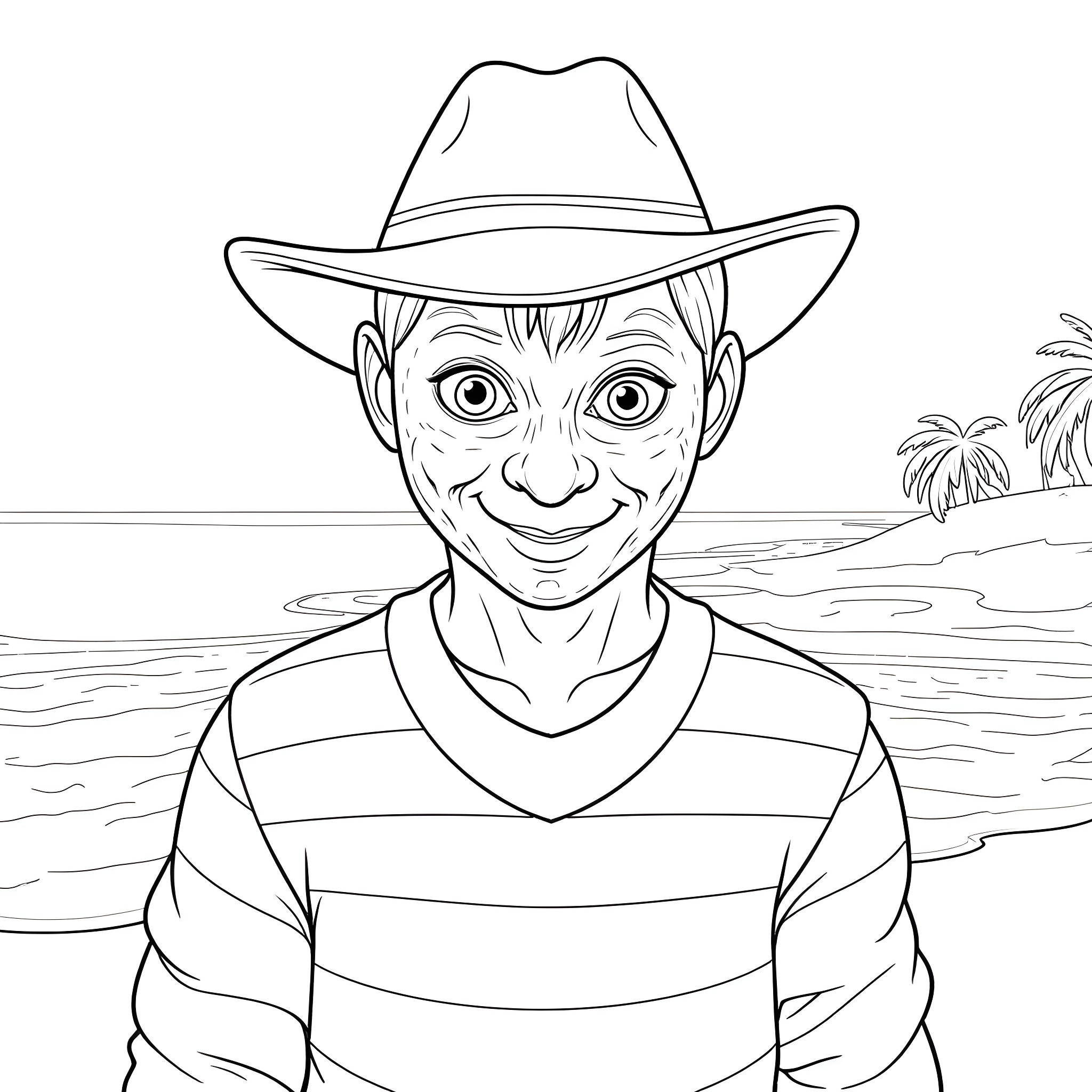 Freddy Krueger in a Friendly Tropical Setting Coloring Page (free black-and-white line drawing printable PDF for all, from beginners to advanced learners, including children, teens, adults, and seniors)